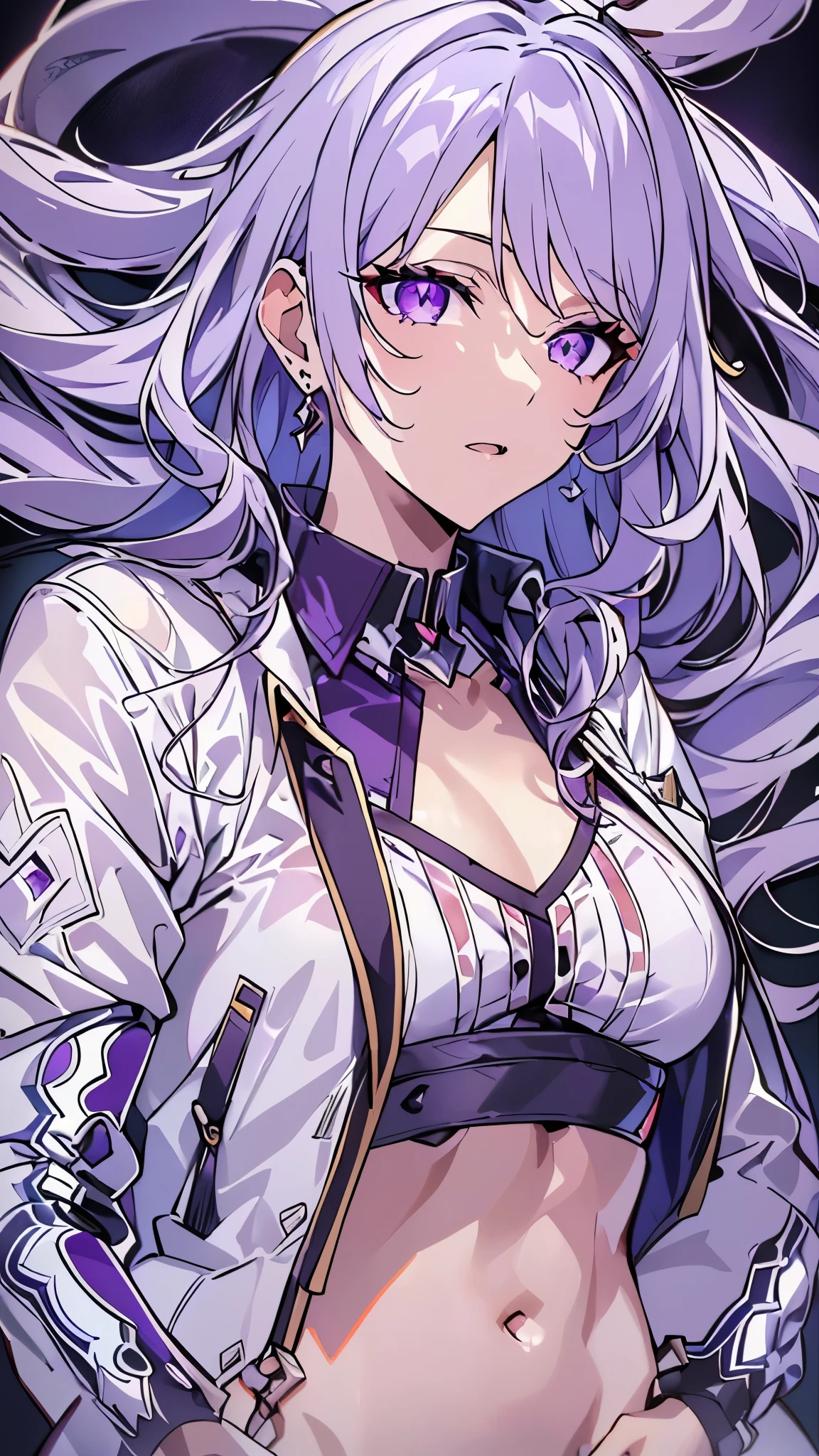 ((8K resolution))、((highest quality))、((masterpiece))、((Super detailed))((((dramatic))), (anatomically correct)、anime style、one person、one personの女性、eight-headed body、((Her left eye is hidden by her hair., purple eyes)), ((white jacket, Purple pattern)), black leather shorts and bra, (white stripe), purple hair、(theme、whole body)