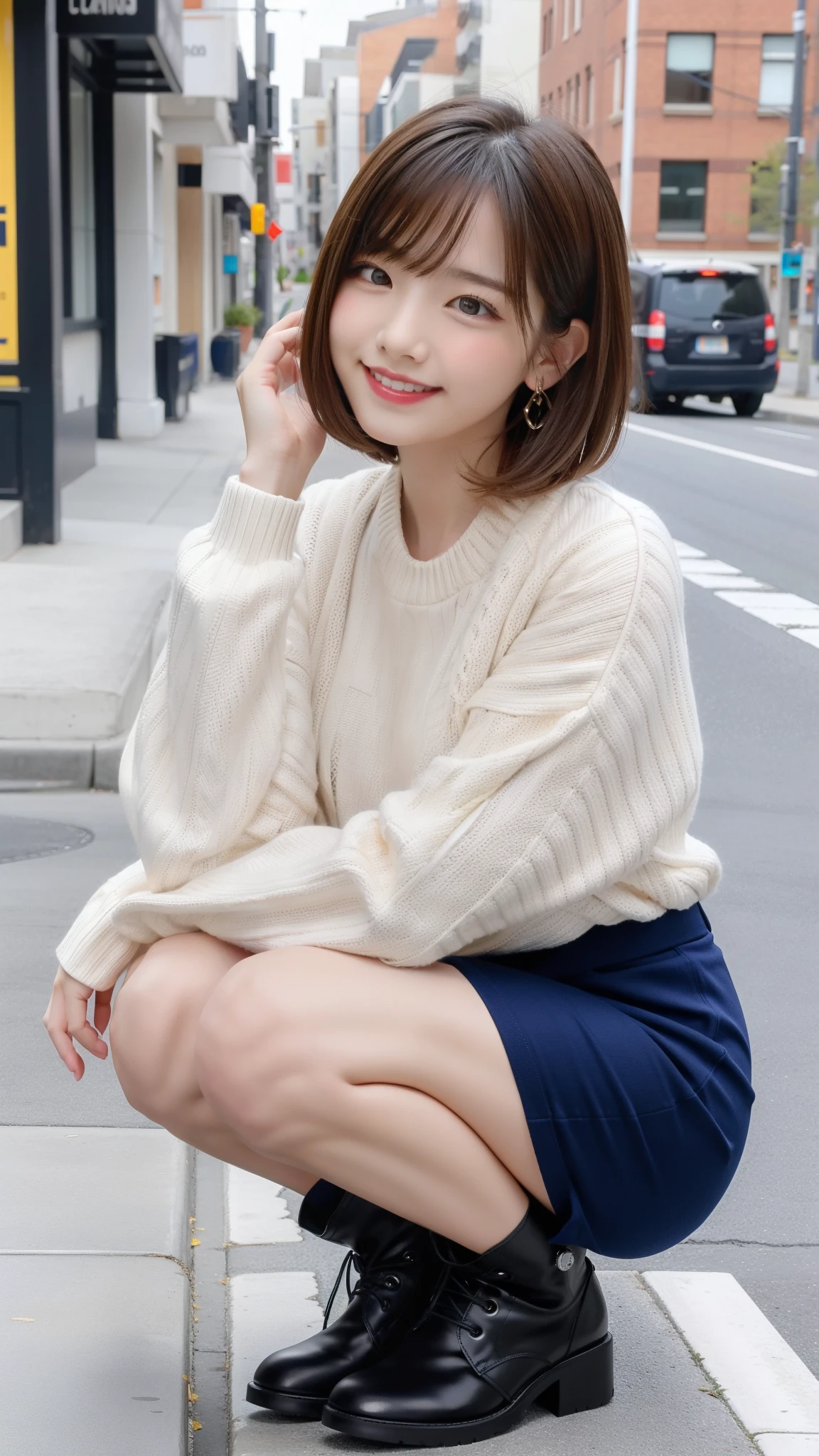 Photo taken by a professional photographer，laughter:1.5，Close-up of a woman squatting on the sidewalk, wearing a sweater, short cut brown hair, hair is messy，young and cute girl, Wearing a super super super super mini skirt:1.5，Wear stylish boots，sit on a park bench:1.5，Flashy makeup with red eyeshadow，You can see beautiful thighs，I can see white panties，