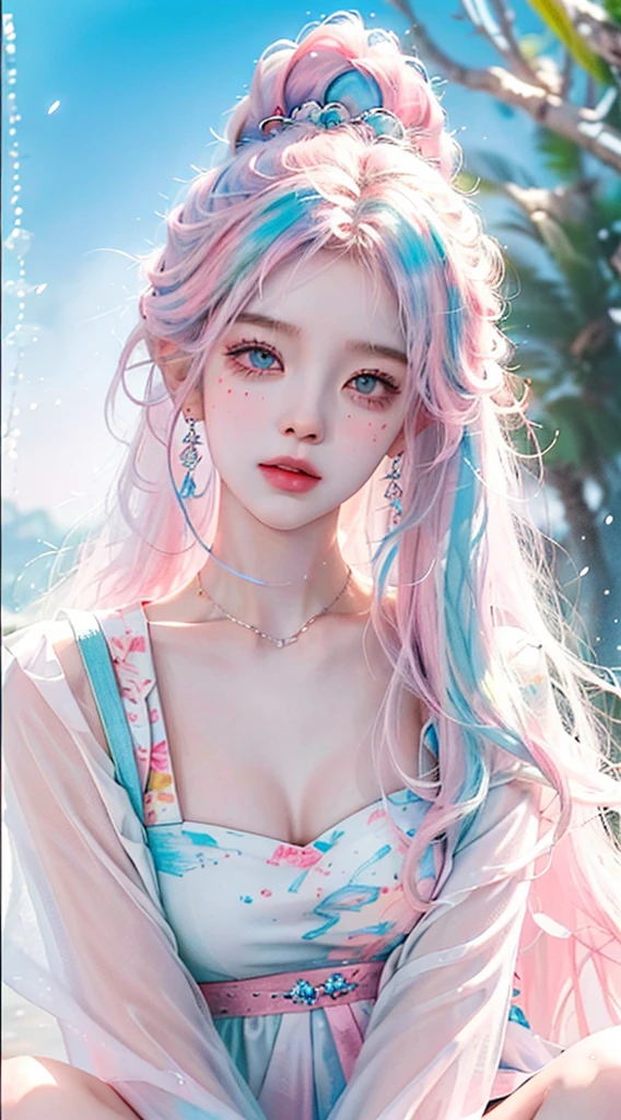 （tmasterpiece、best qualtiy、A high resolution），white backgrounid，Acrylic paints，（（splash of color，Splash ink、Color splattering）），Sweet Chinese girl，light blue long hair，[light blues|Pink big breasts]the hair，curlies，glitters，Pink lips，White color blouse，frontage，Above the legs