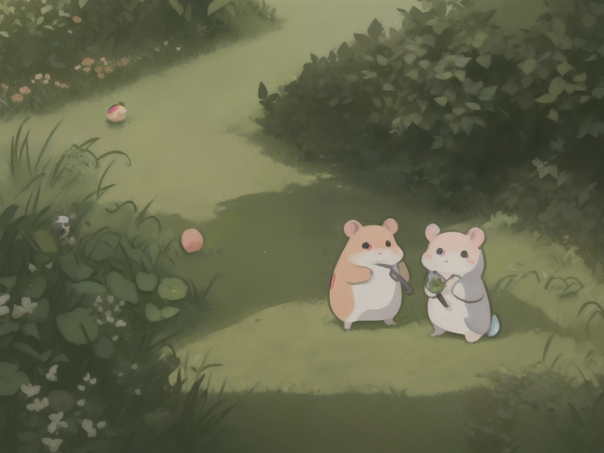 cartoon of two hamster with umbrellas standing in the grass, photo of a hamster on a date, capybaras in tokyo, anime movie screenshots, cute illustration, praise art, animation illustration style, soft anime illustration, hamster, Japanese anime style, praise, cute scene, Still from the anime, Still from the TV anime, cute characters