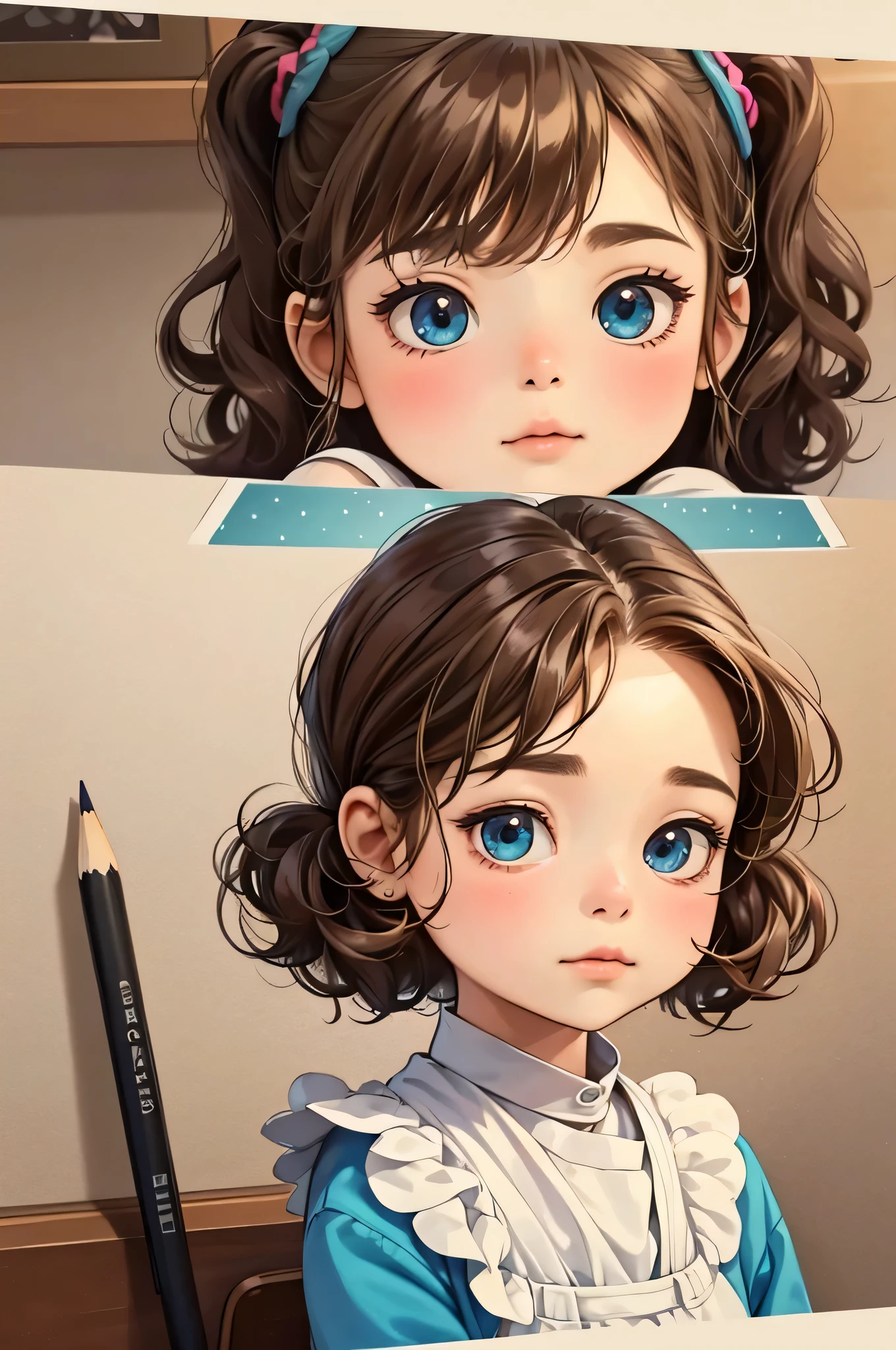 Simple modern living room background with fireplace、3-year-old fat girl Emilia(Top image quality、4k、High、Ultra-fine、pencil drawing、With 8-bit portrait、Short non-binary people, brown wavy hair,blue eyes)create。