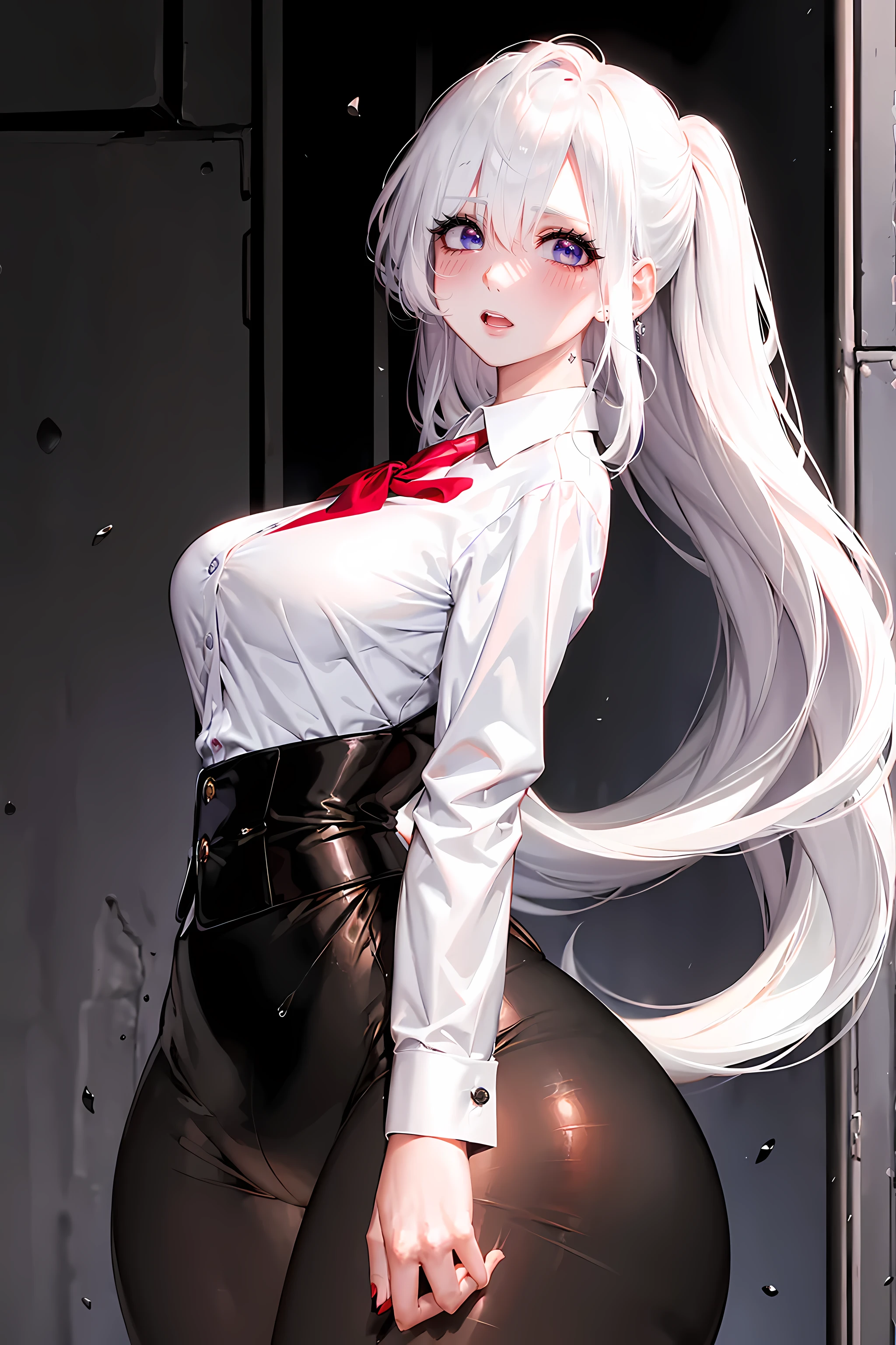 (best quality,high resolution)(business jacket:1.4),(a girl:1.5),elegant photo of a girl in a suit jacket, red lips, lipstick, (perfect eyes:1.4), (White shirt:1.5), silver hair, purple eyes, hapiness, highly refined skin, long eyelashes, black eyeliner, masterpiece, black belt:1.2, White shirt, teardrop earrings, Professional attire:1.2),perfect body proportions