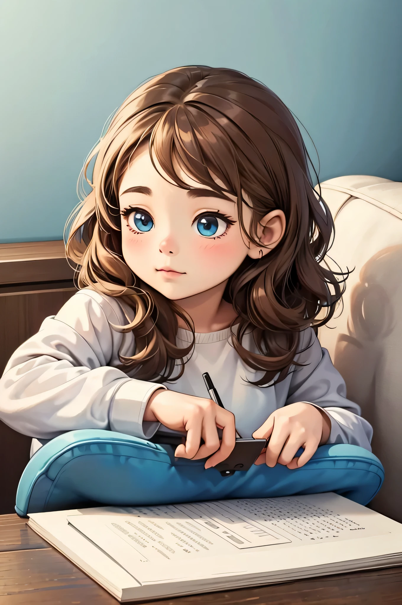 Simple modern living room background with fireplace、3-year-old fat girl Emilia(Top image quality、4k、High、Ultra-fine、pencil drawing、With 8-bit portrait、Short non-binary people, brown wavy hair,blue eyes)create。