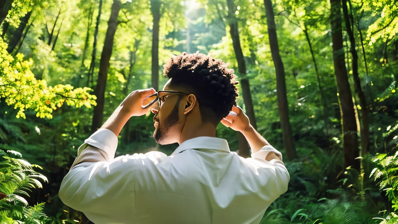 Create an image that evokes a sense of spiritual harmony and healing for the viewer. Depict a solitary handsome young man standing in a natural setting, feeling a deep connection between his inner self and the outer world around him. He should appear serene and at peace spiritually.

The scene should convey a positive, uplifting feeling of him reflecting thoughtfully on his way of being and moving forward with an optimistic, empowered outlook on his life's journey. The colors, lighting, and composition should reinforce the themes of inner tranquility, self-reflection, and having an affirming, enlightened perspective.

Some details to consider including:

    An attractive young man alone in a lush natural environment like a forest clearing, grassy meadow, or by a calm lake/stream
    His posture relaxed but upright, eyes closed or gazing peacefully with a subtle contented expression
    Warm, radiant natural lighting like golden hour sunlight filtering through trees
    Lush green foliage, wildflowers, and other vibrant natural elements surrounding him
    His clothing could be simple and in earthy tones to blend with the environment
    Potential subtle spiritual symbols like a tree of life, mandala, or butterflies
    His hair and physique should highlight his handsome youthful masculinity

The overall aesthetic should be one of youthful masculine beauty existing in harmony with nature, exuding an empowered sense of mindful self-awareness and choosing to embrace life's journey with grace, inner strength and an open heart.