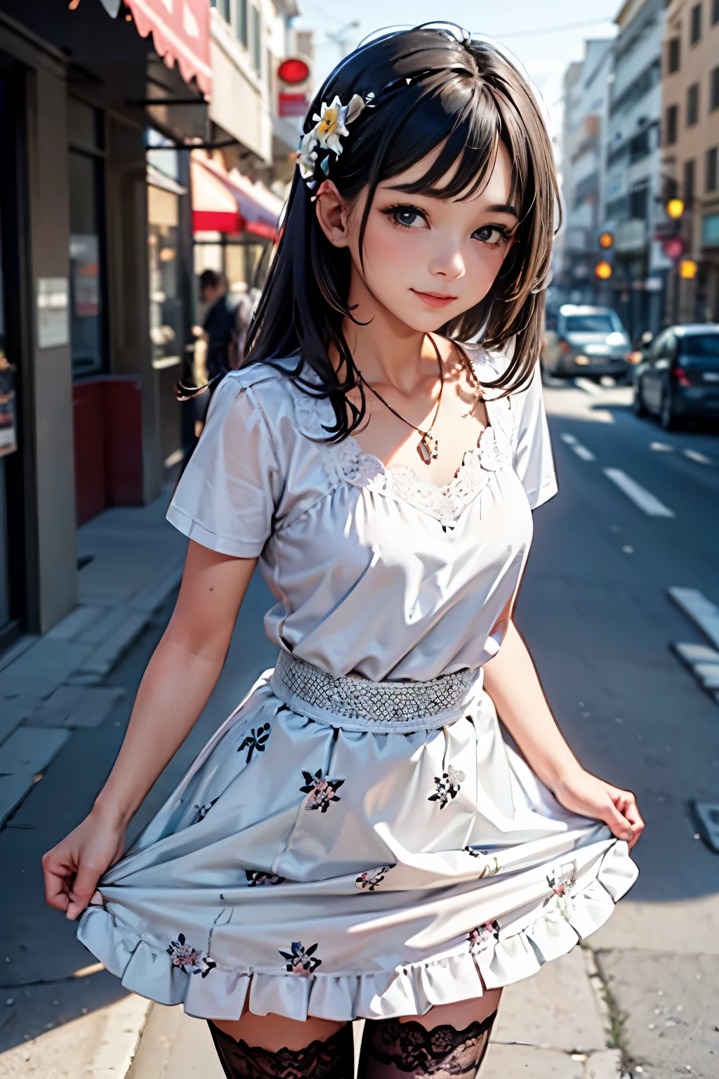 low angle,from below,((1girl, white blouse, flower printed elegant flair skirt)), ((masterpiece:1.4, best quality)), ((masterpiece, highest resolution)), (beautiful illustration),(semi long beautiful black hair),silver hair, (flower printed elegant flair skirt),　(looking at the viewer),
 innocent smile, day,entertainment street,cinematic lighting, white over-kneehighs,Lace chalker, wristband, fingerless gloves, over-kneehighs,
Lace chalker, diamond necklace,wristband, fingerless gloves, 