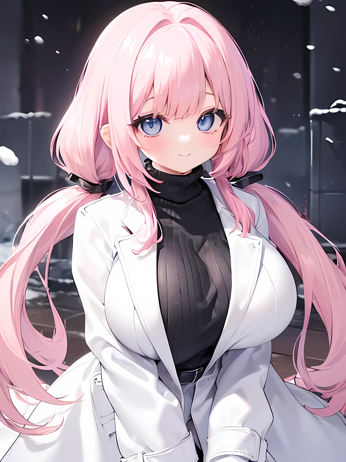 masterpiece,highest quality,(Super detailed),written boundary depth,perfect sentence, Detailed CG,Super detailed,(highly detailed eyes,very cute face,highly detailed face:1.3),beautiful anime girl,(solo girl:1.9),(super huge breasts:1.7),(pink hair,low twin tails:1.5),(light blue eyes:1.3),(smile full of joy:1.3),open your mouth,show viewer,break,(Black high-neck sweater,white overcoat,open outerwear:1.5),jeans,leather long boots,snow,night,garden,gaslight,break,Are standing,exhale white breath,(whole body)