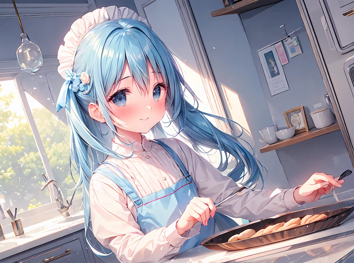 masterpiece, best quality, extremely detailed, (illustration, official art:1.1), 1 girl ,(((( light blue long hair)))), light blue hair, ,10 years old, long hair ((blush)) , cute face, big eyes, masterpiece, best quality,(((((a very delicate and beautiful girl))))),Amazing,beautiful detailed eyes,blunt bangs((((little delicate girl)))),tareme(true beautiful:1.2), sense of depth,dynamic angle,affectionate smile, (true beautiful:1.2),,(tiny 1girl model:1.2),(flat chest)), Soft Focus ,((ultra-detailliert:1.2))、, A girl who dreams of becoming a pastry chef。she is wearing a pink apron and a white shirt.、her hair is in a brown ponytail。She is making cakes and cookies in the kitchen.、、very good、surprisingly good。She kneaded the dough or、、put it in a mold、I am drawing how to decorate、Her face is a mixture of seriousness and fun.。in the background, There is also a showcase and cash register.、Her works are displayed、You can feel the atmosphere of the store。she works hard to achieve her dreamakes me want to support the people watching