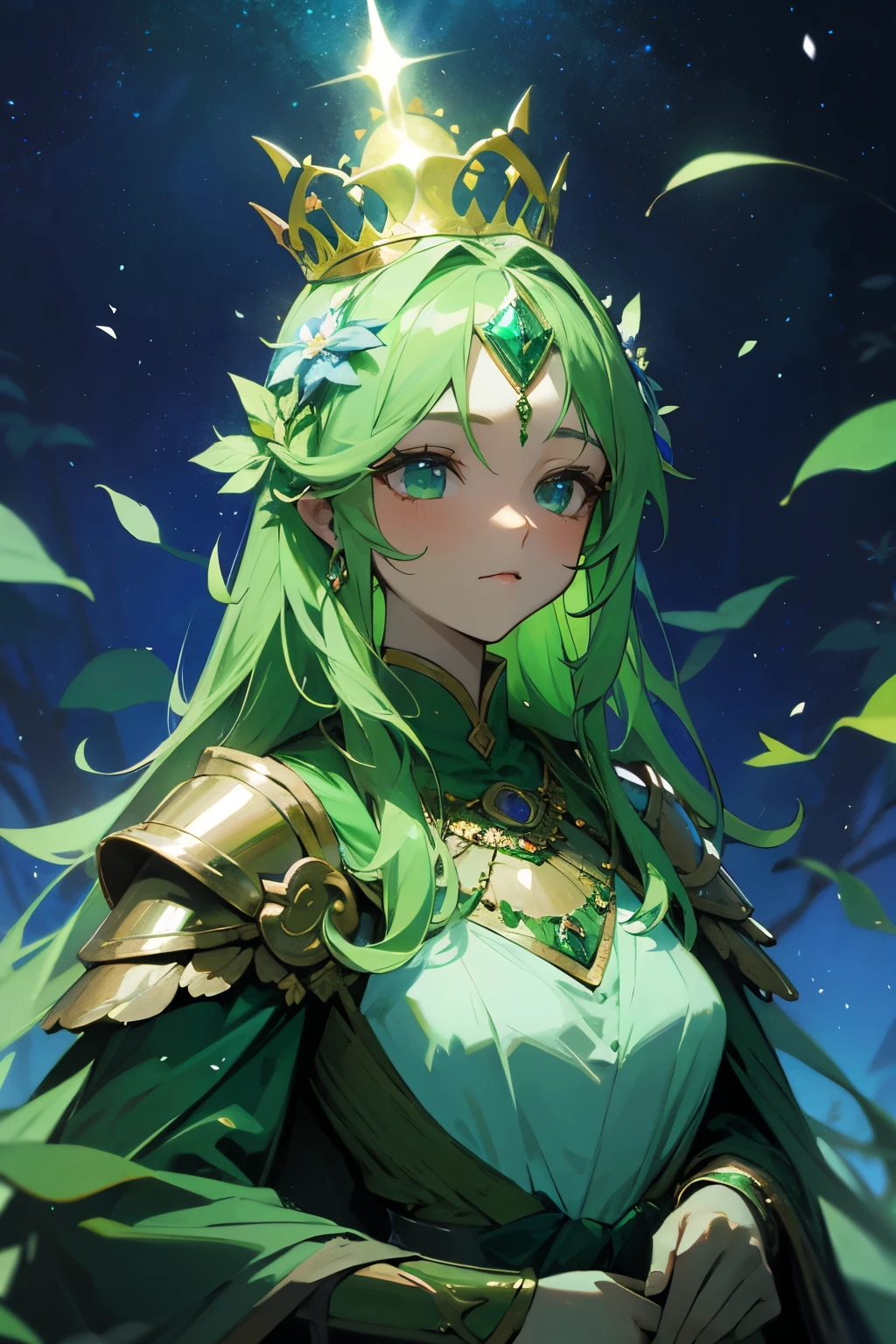 Forest goddess with a crown of flowers, Wearing a green colored dress armor with flower petals and shiny jewelry, In a forest of blue leaves, With the cosmic sky