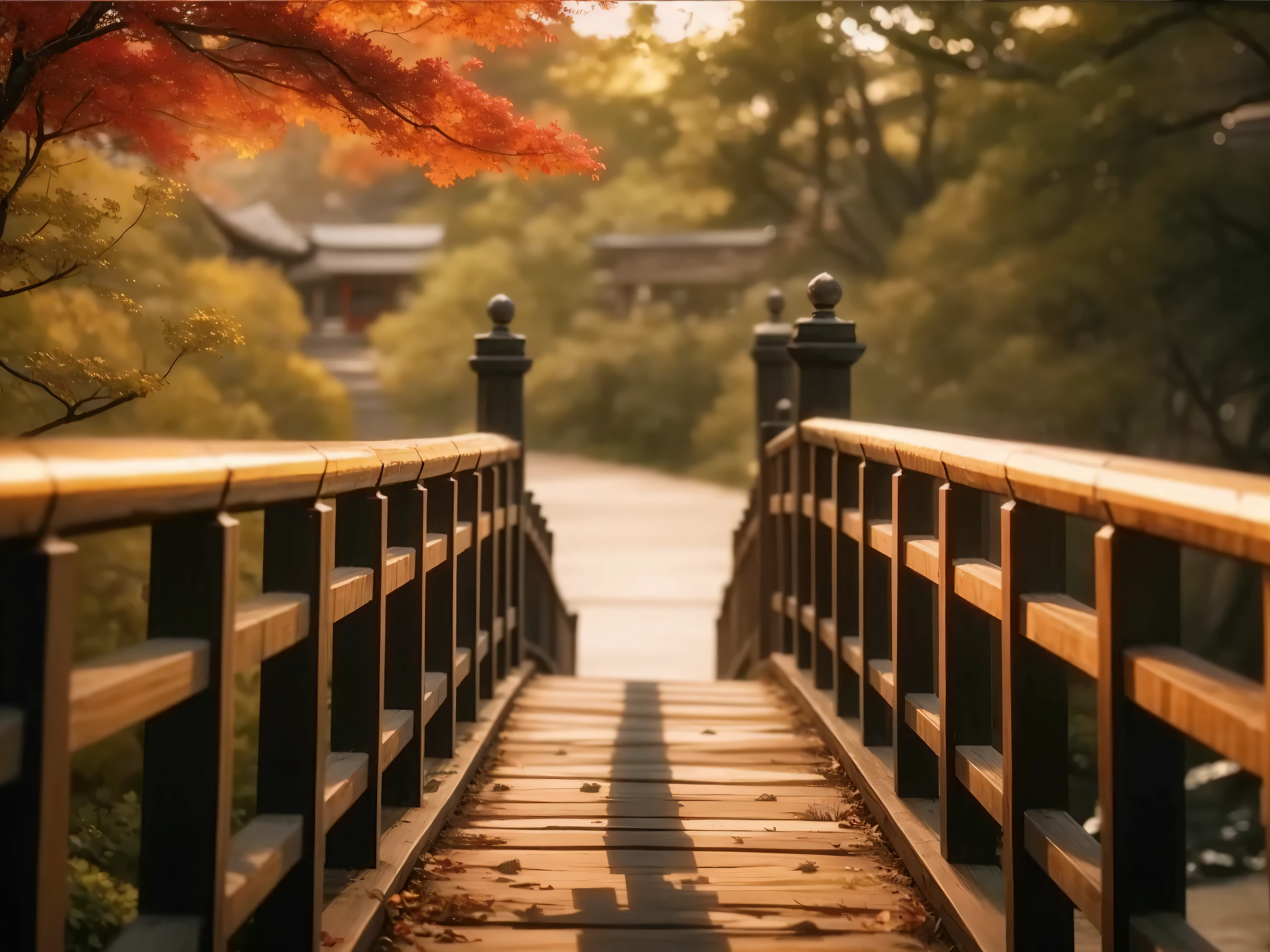 there is a wooden bridge with a black railing and a red tree, leading to a beautiful, wooden bridge, beautiful wallpaper, wood bridges, detailed scenery —width 672, beautiful image, scenery wallpaper aesthetic, high-quality wallpaper, scenery wallpaper, during autumn, high quality wallpaper, interesting background, inspired by Sesshū Tōyō, beautiful scenery