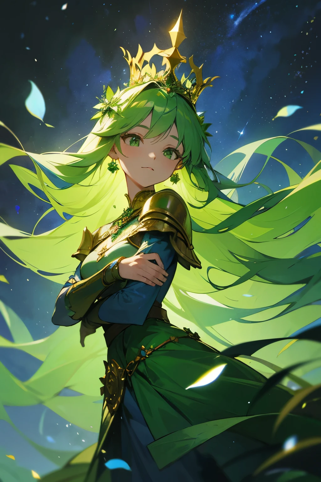 Forest goddess with a crown of flowers, Wearing a green colored dress armor with flower petals and shiny jewelry, In a forest of blue leaves, With the cosmic sky