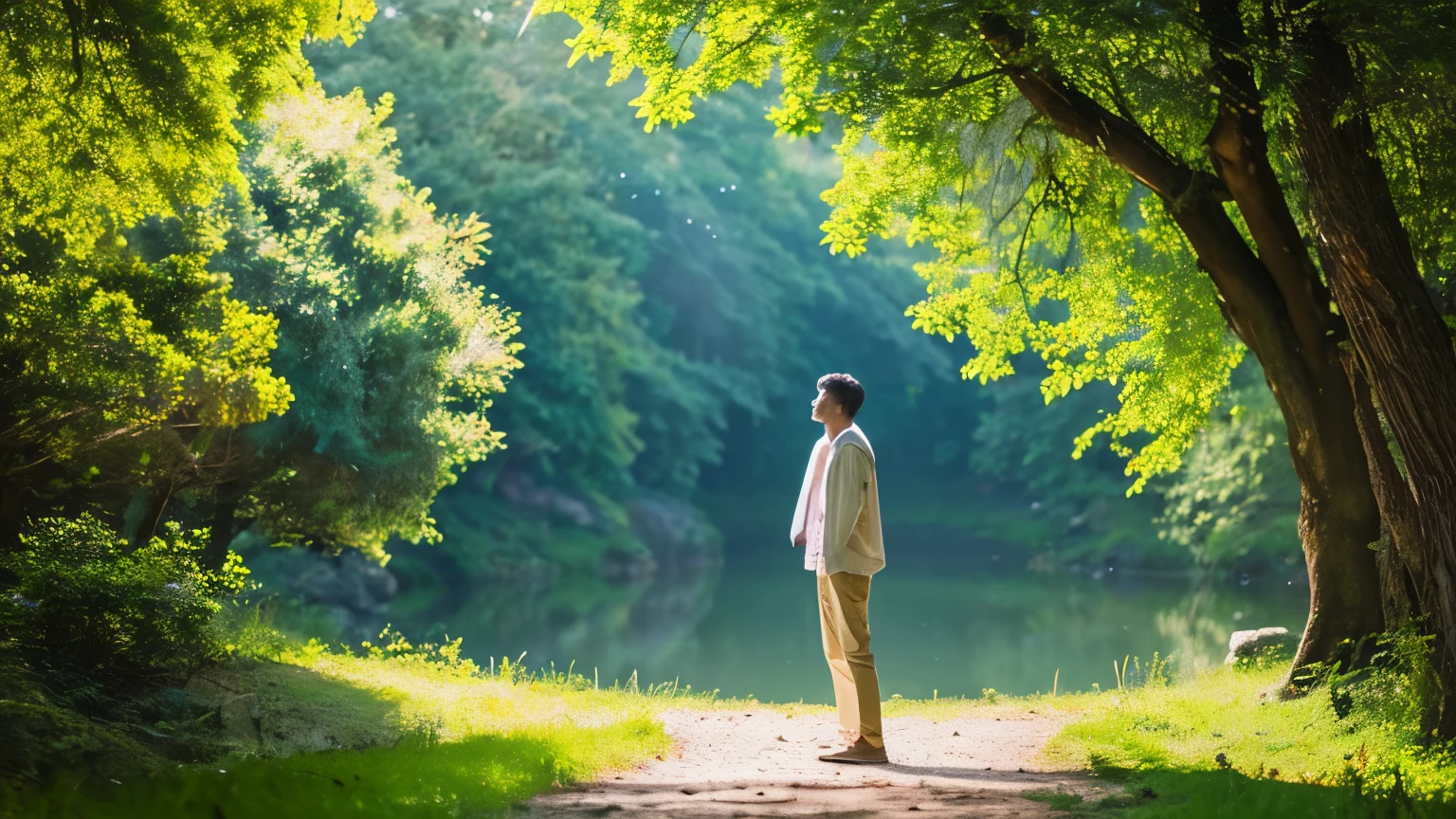 Create an image that evokes a sense of spiritual harmony and healing for the viewer. Depict a solitary handsome young man standing in a natural setting, feeling a deep connection between his inner self and the outer world around him. He should appear serene and at peace spiritually.
The scene should convey a positive, uplifting feeling of him reflecting thoughtfully on his way of being and moving forward with an optimistic, empowered outlook on his life's journey. The colors, lighting, and composition should reinforce the themes of inner tranquility, self-reflection, and having an affirming, enlightened perspective.
Some details to consider including:
An attractive young man alone in a lush natural environment like a forest clearing, grassy meadow, or by a calm lake/stream
His posture relaxed but upright, eyes closed or gazing peacefully with a subtle contented expression
Warm, radiant natural lighting like golden hour sunlight filtering through trees
Lush green foliage, wildflowers, and other vibrant natural elements surrounding him
His clothing could be simple and in earthy tones to blend with the environment
Potential subtle spiritual symbols like a tree of life, mandala, or butterflies
His hair and physique should highlight his handsome youthful masculinity
The overall aesthetic should be one of youthful masculine beauty existing in harmony with nature, exuding an empowered sense of mindful self-awareness and choosing to embrace life's journey with grace, inner strength and an open heart.