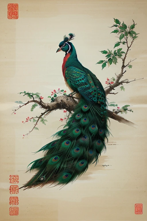 illustration，中国风illustration设计，Chinese style，traditional Chinese painting，Advanced typography，Advanced red and green color matching，Peacock，Eye-catching