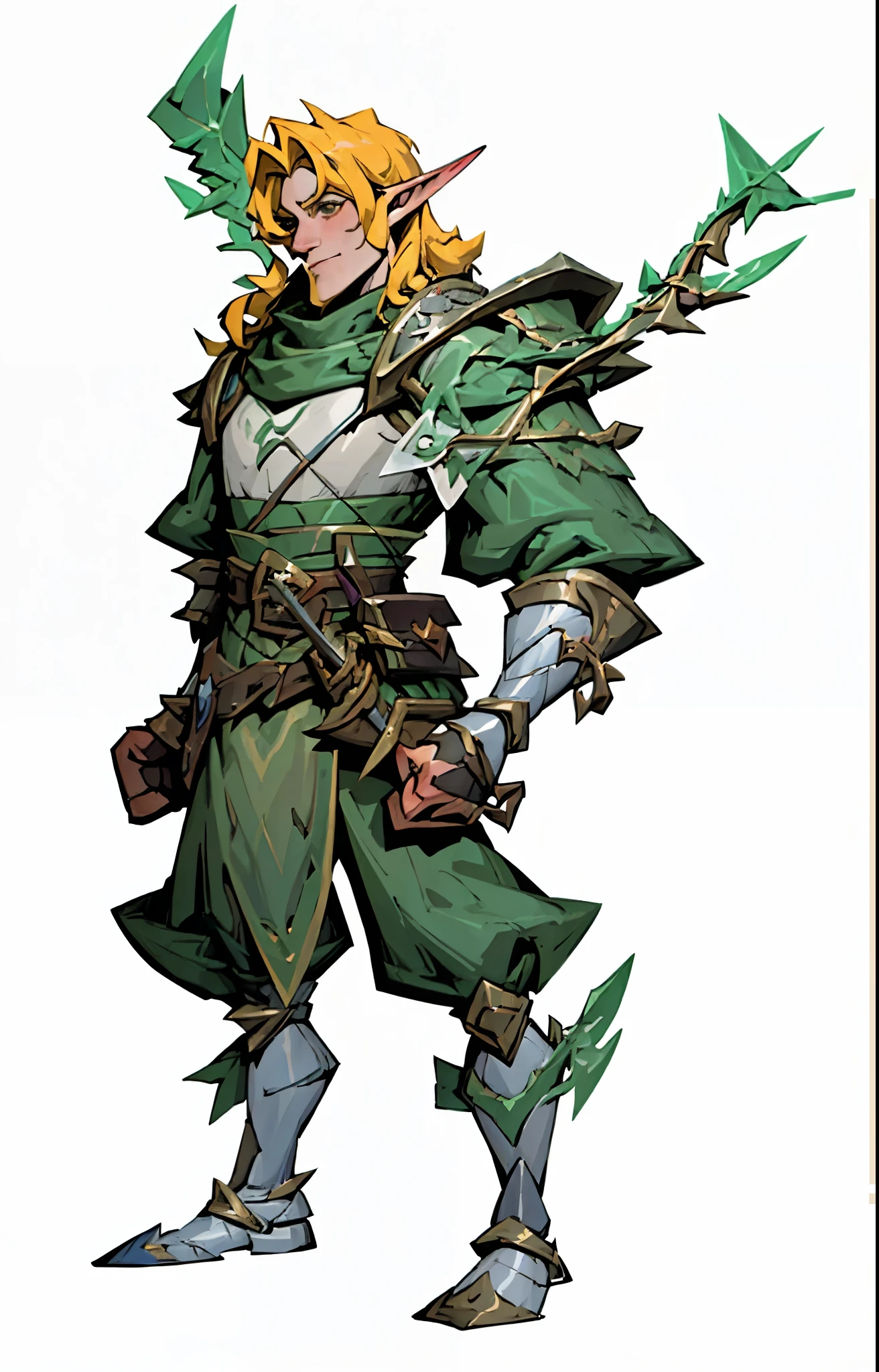 Cartoon image of a man holding a bow and arrow, male elf ranger, Male Wood Elf Rogue, whole body concept, Cosplay portrait full body, hero character art, character artwork, Full body RPG portrait, Male blond elf ranger, d & d style full body portrait, Male hooligans, Detailed character art, rpg character, full body character concept，no beard，European and American cartoons，less characterization，flat