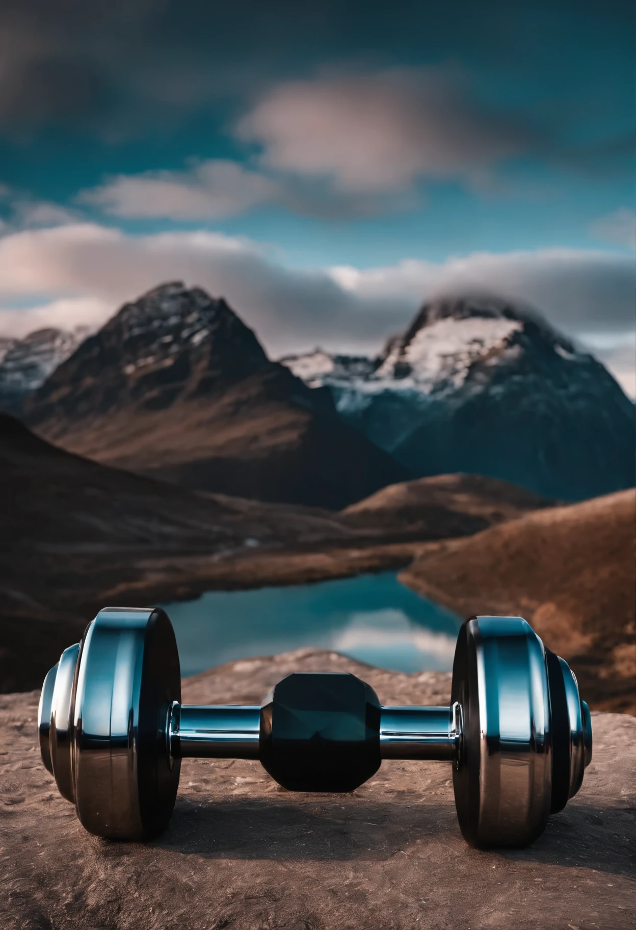 Glowy chrome dumbbell angled in front of minimalist mountains (contrasting color). Modern, motivational vibe