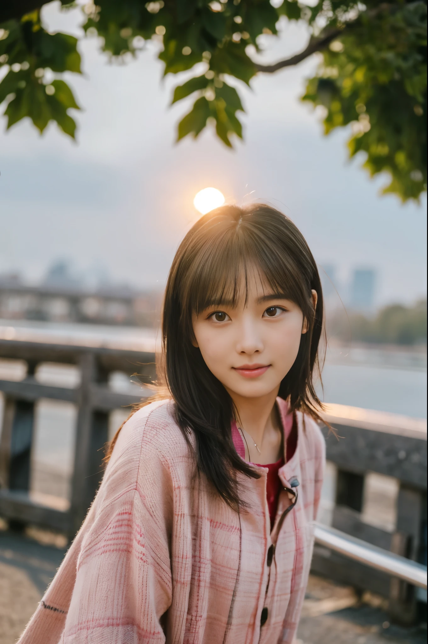 20 year old cute woman、table top, highest quality, Portrait of one girl、Pores and skin texture can be checked with high resolution、A walk along the bank in the evening、Plain color、sunset、SLR camera image quality、pushing a bicycle by hand
