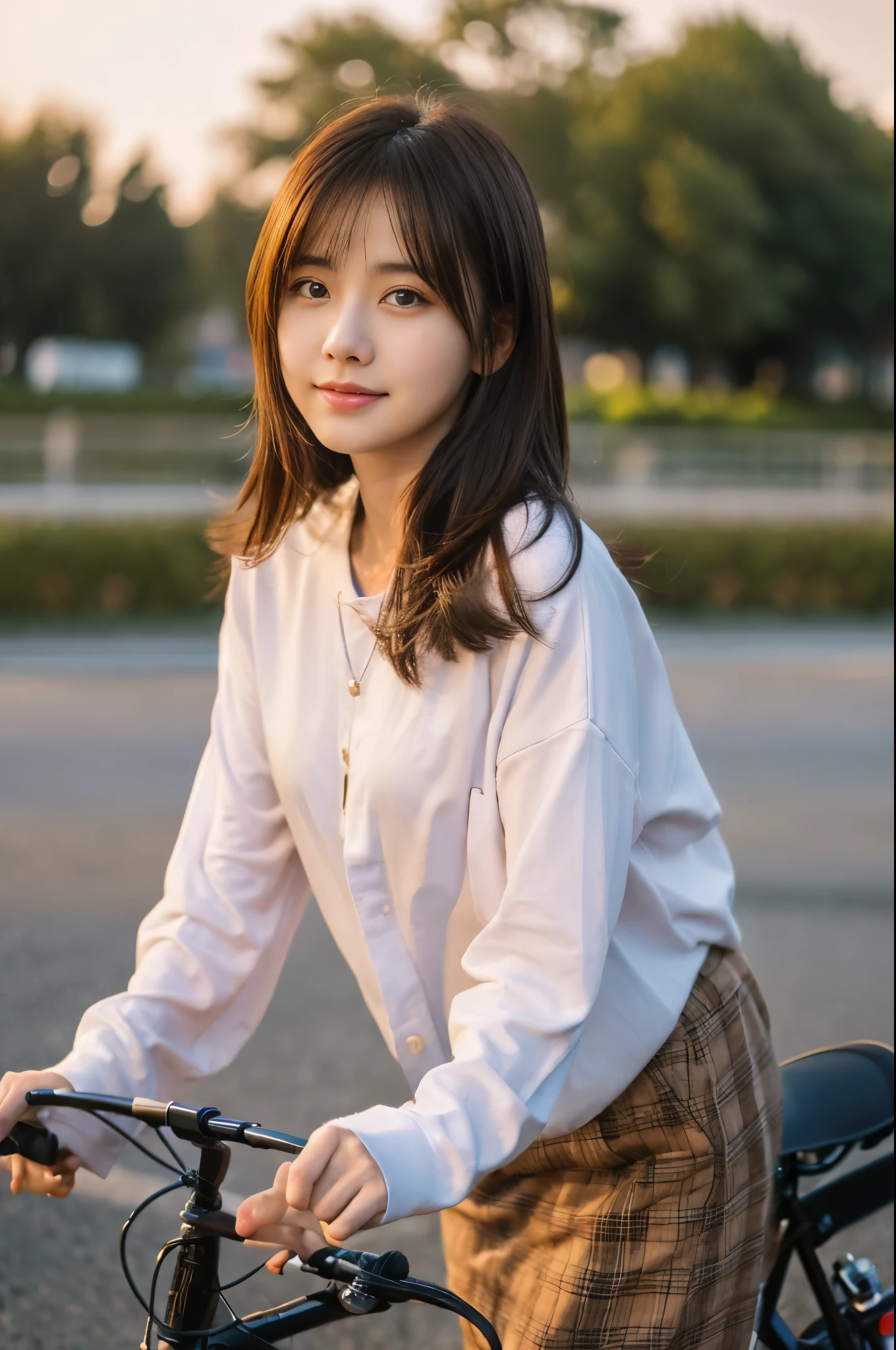 20 year old cute woman、table top, highest quality, Portrait of one girl、Pores and skin texture can be checked with high resolution、A walk along the bank in the evening、Plain color、sunset、SLR camera image quality、pushing a bicycle by hand