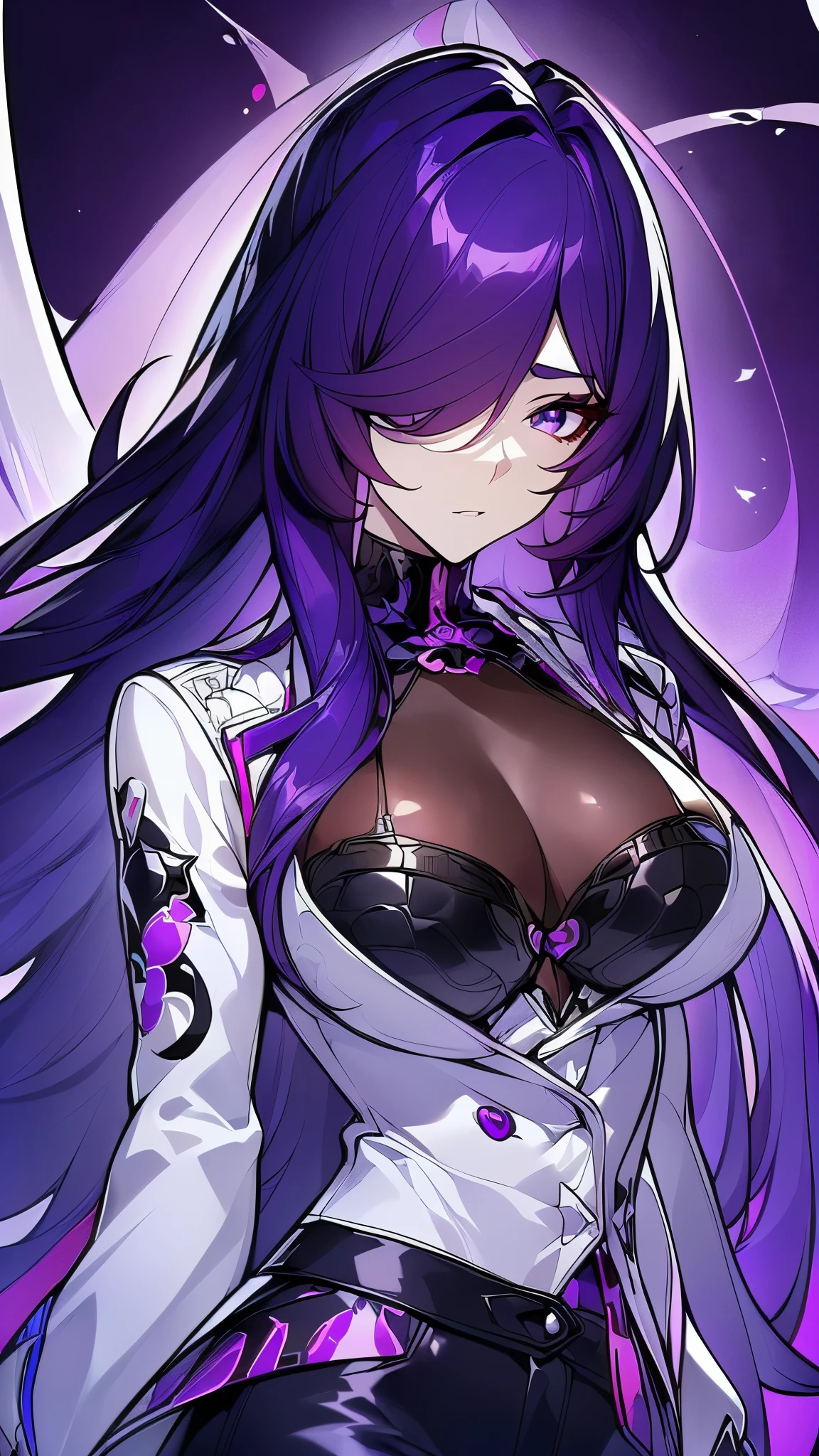 ((8K resolution))、((highest quality))、((masterpiece))、((Super detailed))((((dramatic))), (anatomically correct)、anime style、one person、one personの女性、eight-headed body、((Her left eye is hidden by her hair.., purple eyes)), ((white jacket, Purple pattern)), black leather shorts and bra, (white stripe), dark purple hair、(theme、whole body)