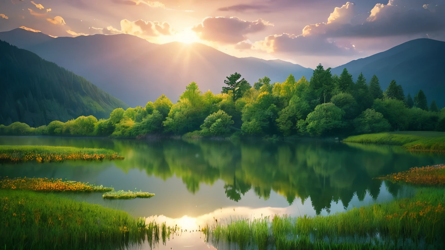 Create a serene and tranquil scene that radiates spiritual harmony and inner peace. The composition should have a simplistic, minimalist quality that instills a sense of calming clarity.
Incorporate elements from nature like a misty forest landscape, a reflecting lake or pond, a meadow filled with wildflowers, or a breathtaking view of mountains and the cosmos. Render these with soft, soothing colors and an ethereal, dreamy lighting that has an almost otherworldly quality.
The overall tone should be one of quiet contemplation, as if capturing a profoundly meditative moment in nature's embrace. Avoid any harsh lines or bold contrasts that could appear jarring. Instead, focus on hazy, atmospheric effects that blur the boundaries between the earthly and celestial realms.
The image should evoke a deep sense of serenity, emotional respite and spiritual nourishment for the viewer. It should invite one to find solace, introspection and connection with the divine essence of the natural world. The scene should radiate an aura of sublime tranquility that quiets the mind and soothes the soul.