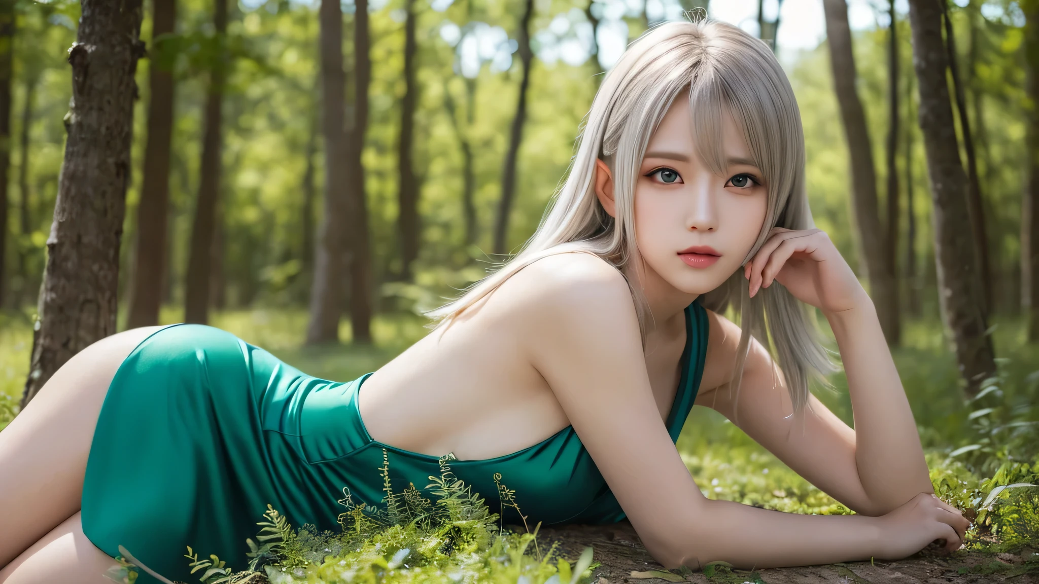 ((alone)),(masterpiece,highest quality,High resolution,realistic, photo realistic), cosplay,goblin, High resolution, plump lips, emerald green eyes,silver hair, light dress,thin,forest,blue sky,looking at camera,sexy pose