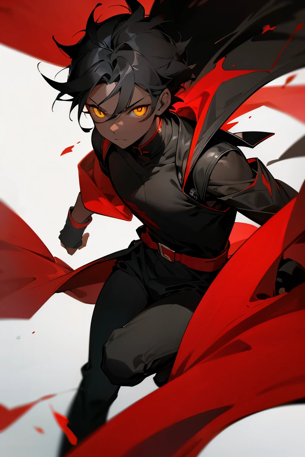 Boy, yellow eyes, black skin, , wearing red clothes