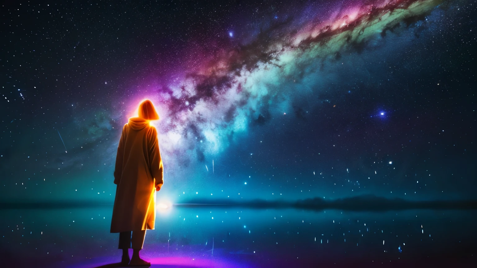 Create a visionary image set in the cosmos that evokes a sense of spiritual harmony and healing for the viewer. Depict a scene in the vast expanse of outer space that feels imbued with a deep connection between the inner self and the outer universe. The visuals should convey a serene, tranquil spiritual energy.

The composition should inspire the viewer to feel a positive, uplifting sense of self-reflection - as if being immersed in this cosmic scenery allows one to ponder their way of being while feeling empowered to move forward with an optimistic outlook on life's journey. The colors, celestial elements, and overall aesthetic should reinforce themes of inner peace, having an enlightened perspective, and existing in sacred unity with the cosmos.

Some potential details to consider including:

    A serene, breathtaking view from deep space looking back towards the Earth or another celestial body like a nebula or galaxy
    Vibrant cosmic clouds, stars, planets rendered in hyper-realistic detail
    Spiritual imagery subtly integrated like a human silhouette surrounded by energy/aura or a tree of life among the stars
    Warm, radiant cosmic lighting effects like solar flares or pulses of energy
    Colors could range from rich, luminous blues/purples to vivid pinks/oranges reminiscent of heavenly sunrises/sunsets
    An overall dreamy, awe-inspiring, fractal-like geometry suggesting the infinite wonder of the universe

The scene should capture the viewer's imagination and fill them with a humbling sense of spiritual transcendence, while providing an almost meditative focus that sparks curiosity about one's place in the greater cosmos. But ultimately, it should leave the viewer feeling empowered, grounded, and inspired to embrace their own journey through life with renewed purpose.