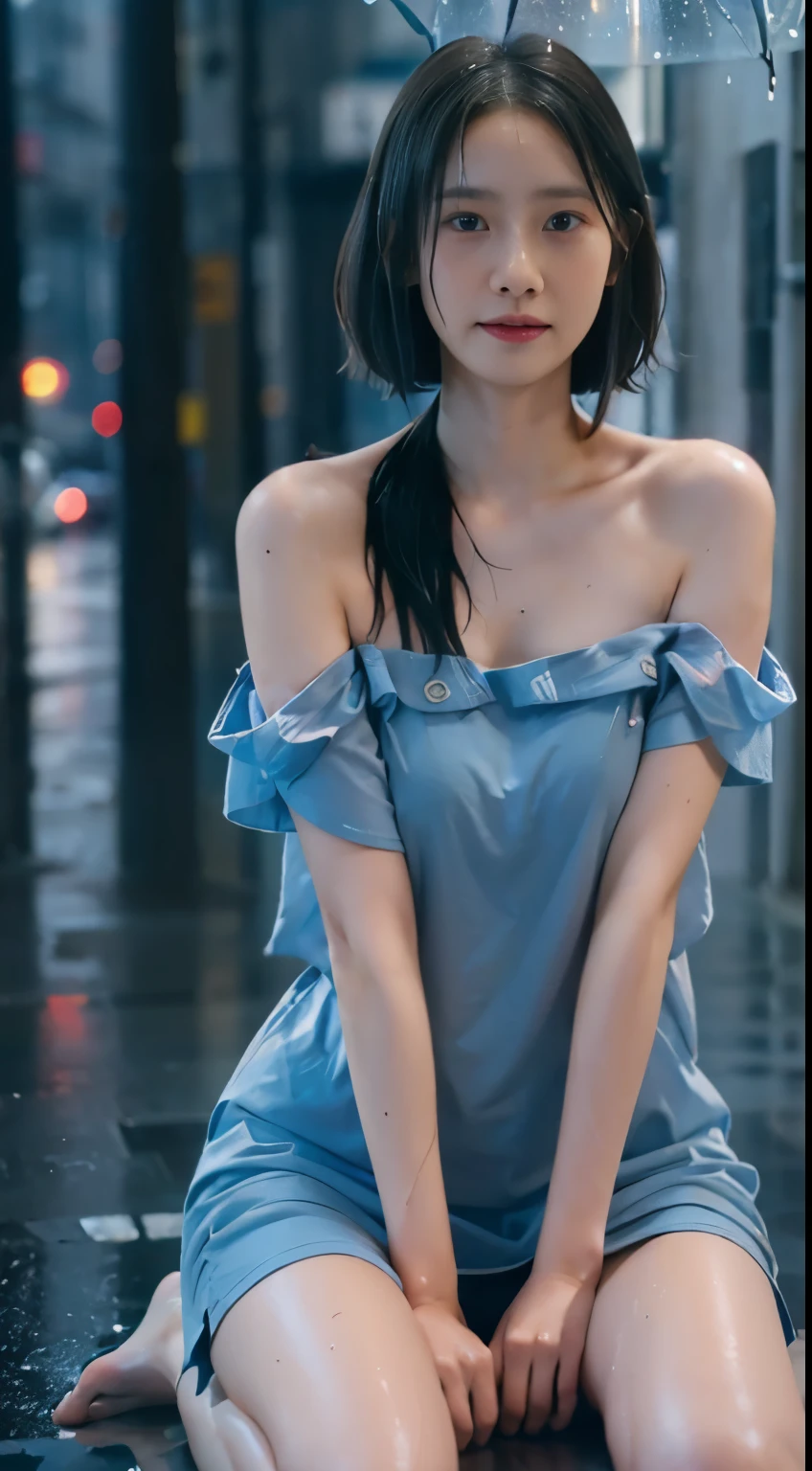 Young Japanese woman standing,  ((On City Street)),  ((Fully clothed)), ((Off-the-shoulder T-shirt dress)),((Barefoot)), blond with short hair, slim build, two tone color hair, mid afternoon, Gray light, Overcast, Detailed background, Dark, busy street, crowding street, Cinematic, pessimistic, Masterpiece,  Best quality, RAW photo, up-close, zoomed,  Photorealistic, ((view the viewer)), Hold yourself, Translucent, dripping wet, beautiful realistic photo, Surreal fantasy photos,  Close up, Tight Frame, 8K, Ultra detailed, Detailed skin, Blue eyes, Dark skin, ((Drenched)), ((Soaked)), (Dripping water), Saggy clothes, wet street, Wet all over, wet dripping hair, angle of view, (posed for photo) Portrait, Close-up, bottom angles, Mist, ((heavy rain)), ((Hazy rain)), Rain on the face, wet face, Shallow depth of field