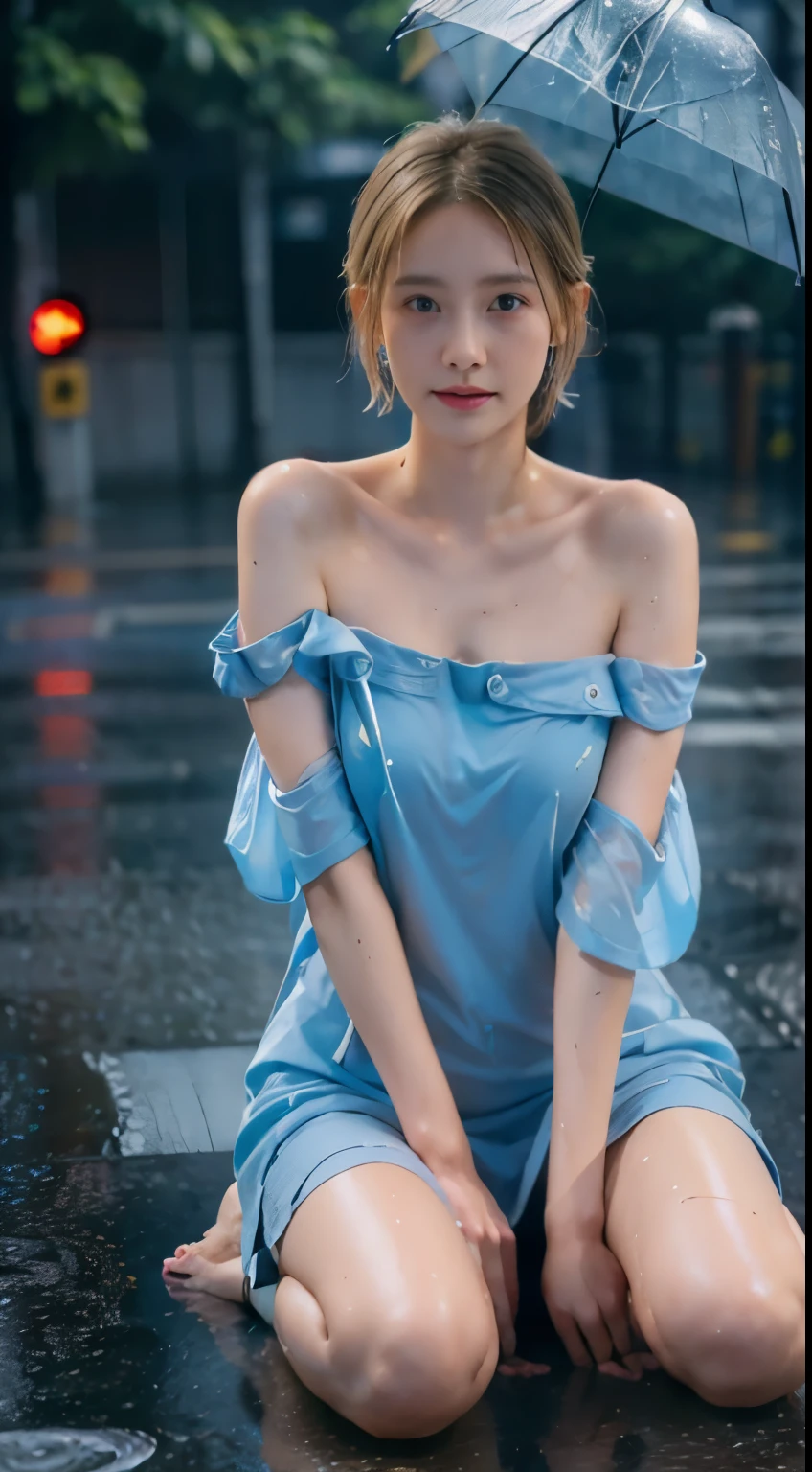 Young Japanese woman standing,  ((On City Street)),  ((Fully clothed)), ((Off-the-shoulder T-shirt dress)),((Barefoot)), blond with short hair, slim build, two tone color hair, mid afternoon, Gray light, Overcast, Detailed background, Dark, busy street, crowding street, Cinematic, pessimistic, Masterpiece,  Best quality, RAW photo, up-close, zoomed,  Photorealistic, ((view the viewer)), Hold yourself, Translucent, dripping wet, beautiful realistic photo, Surreal fantasy photos,  Close up, Tight Frame, 8K, Ultra detailed, Detailed skin, Blue eyes, Dark skin, ((Drenched)), ((Soaked)), (Dripping water), Saggy clothes, wet street, Wet all over, wet dripping hair, angle of view, (posed for photo) Portrait, Close-up, bottom angles, Mist, ((heavy rain)), ((Hazy rain)), Rain on the face, wet face, Shallow depth of field