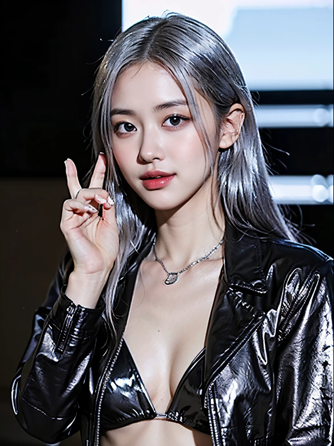 (8k、RAW Photos、top-quality、masterpiece:1.2)、(realistic Photo-realsitic:1.37)、1girl in、japanese, 18-years old, slightly chubby, face lights, Detailed face, slightly cunning smile, Detailed lips, (shiny silver reflective bikini made of chrome:1.3), (wearing a black faux leather jacket over a bikini:1.3), random cute teenager hand sign,