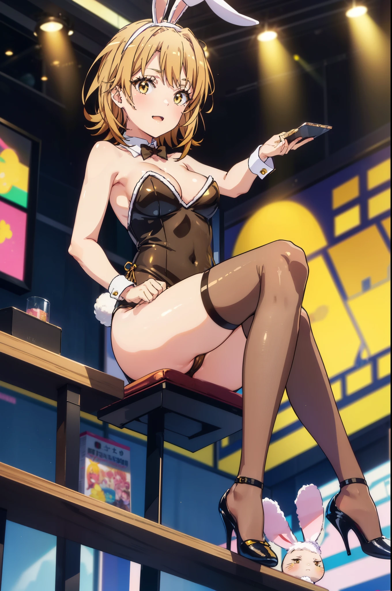 irohaisshiki, iroha isshiki, short hair, brown hair, (brown eyes:1.5), smile,Yellow leotard,yellow rabbit ears headband,Fishnet tights,stiletto heels,(Bunny girl:1.5),(yellow playboy bunny:1.0),sexy pose,sitting cross-legged on a chair,Make sure the whole body is included in the illustration,mirror ball,
break indoors,on stage,
break looking at viewer,
break (masterpiece:1.2), highest quality, High resolution, unity 8k wallpaper, (shape:0.8), (thin and beautiful eyes:1.6), highly detailed face, perfect lighting, Very detailed CG, (perfect hands, perfect anatomy),