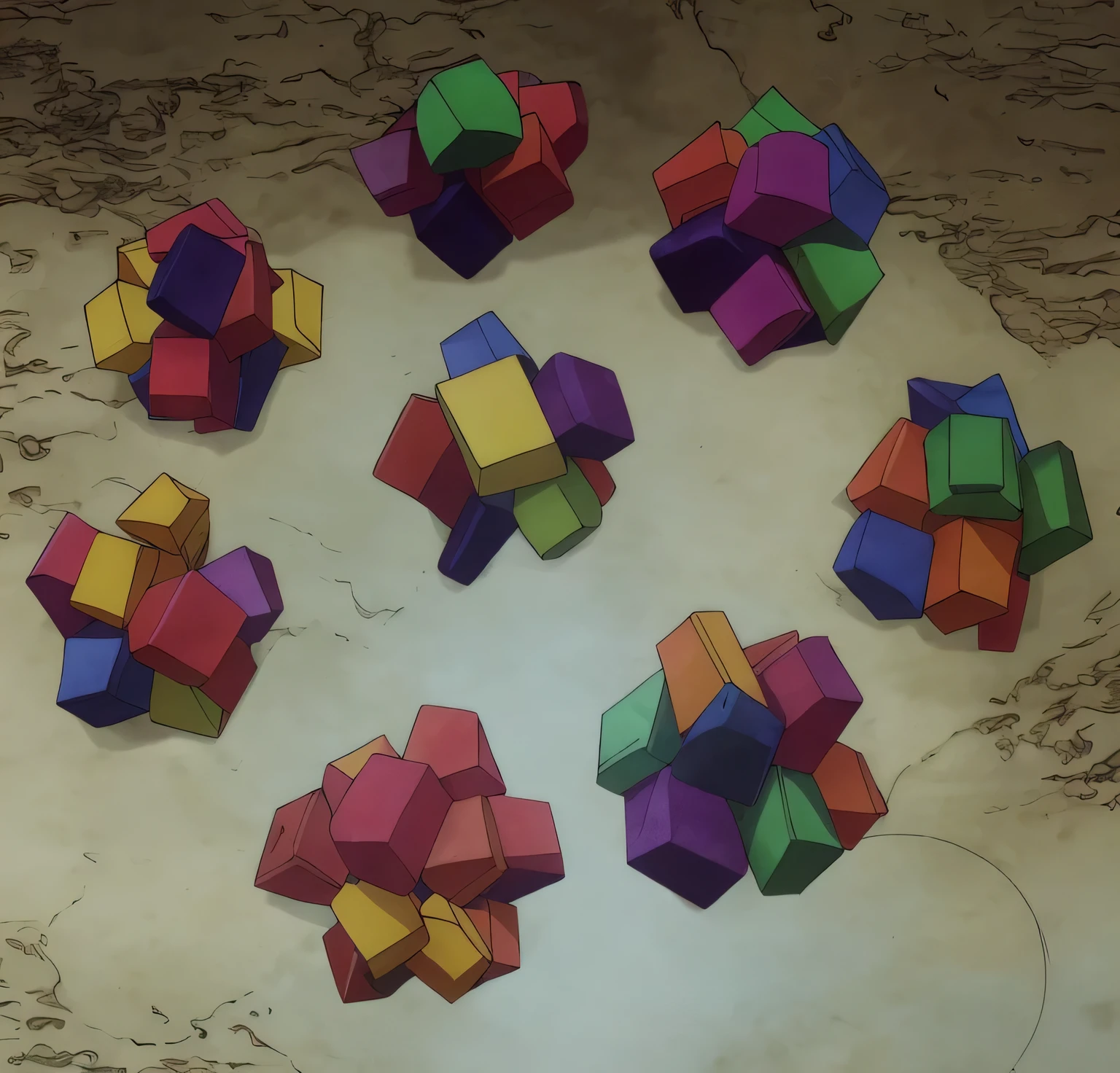 several pieces of colorful plastic are arranged in a circle, cubes, cubes on table, modular origami, inspired by Ernő Rubik, solid coloured shapes, multi - coloured, blocks, childhood memory, plastic toy, geometric tesseract, inspired by Konrad Klapheck, polyhedral, brilliantly coloured, building blocks, multi colour, fake caustics