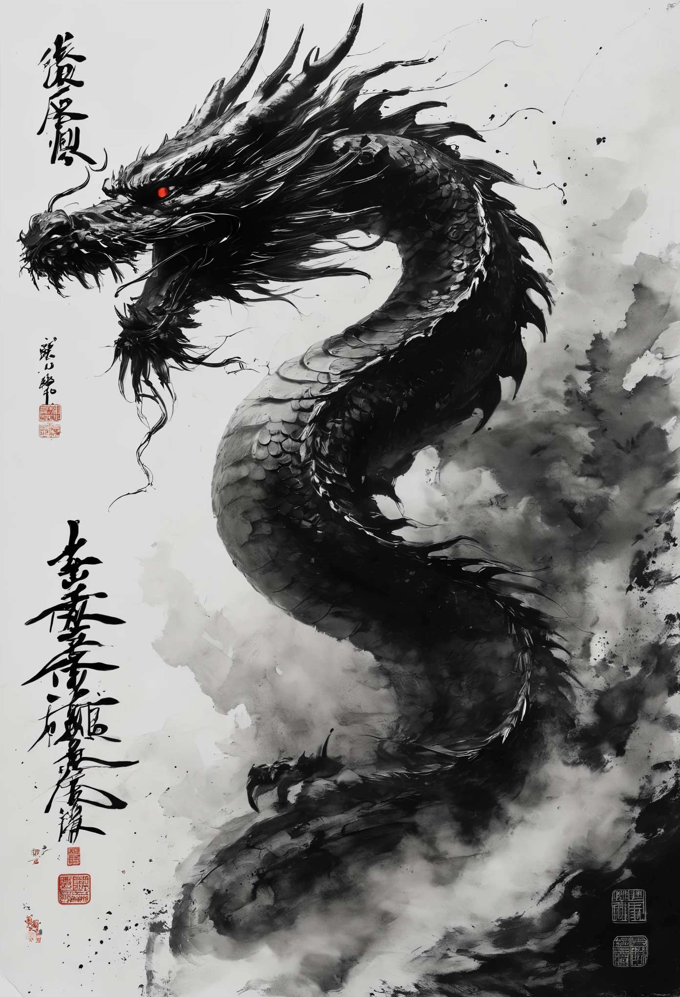 chinese dragon, red eyes, sharp teeth, open mouth, teeth, from side, chinese text, signature
