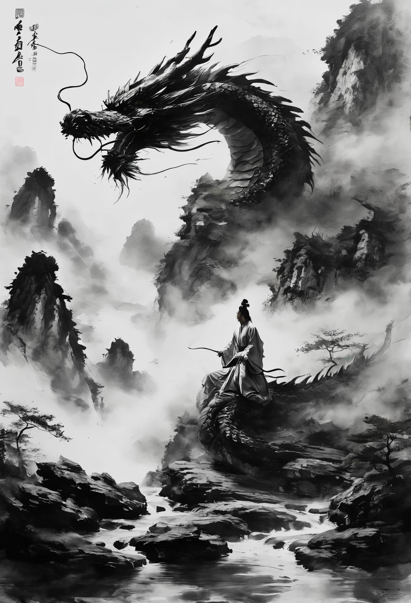 masterpiece, best quality, concept_dragon photo, (1man), 22 y.o., long floating white hairs, action pose, hanfu fashion, chinese dragon, eastern dragon, white theme, volumetric lighting, ultra-high quality, photorealistic, rock mountain background, chinese watercolor painting
