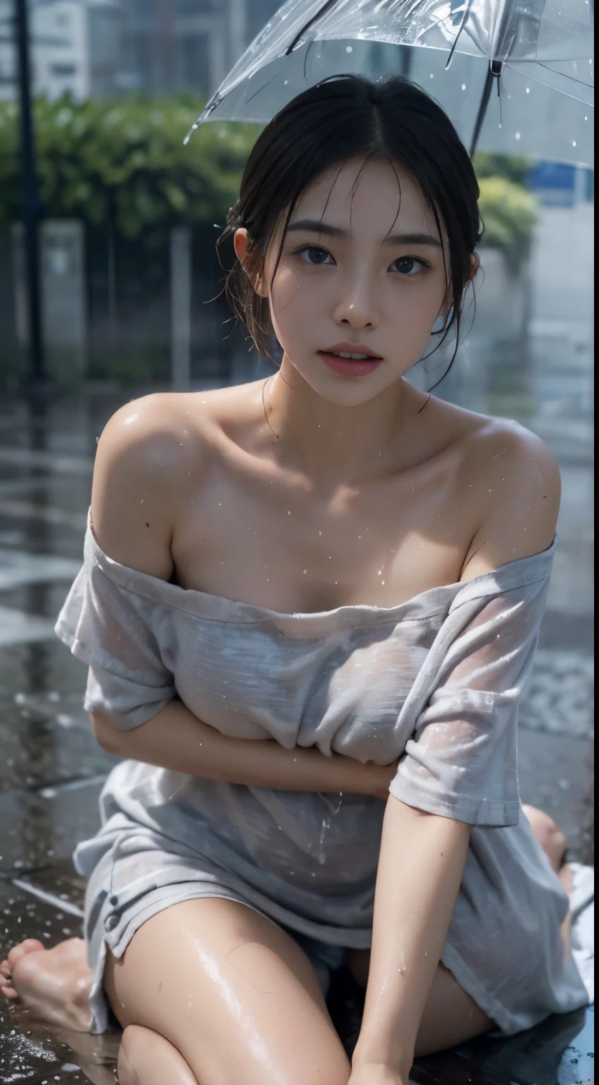 Young Japanese woman standing, ((On City Street)), ((Fully clothed)), ((Off-the-shoulder T-shirt dress)),((Barefoot)), blond with short hair, slim build, two tone color hair, mid afternoon, Gray light, Overcast, Detailed background, Dark, busy street, crowding street, Cinematic, pessimistic, Masterpiece, Best quality, RAW photo, up-close, zoomed, Photorealistic, ((view the viewer)), Hold yourself, Translucent, dripping wet, beautiful realistic photo, Surreal fantasy photos, Close up, Tight Frame, 8K, Ultra detailed, Detailed skin, Blue eyes, Dark skin, ((Drenched)), ((Soaked)), (Dripping water), Saggy clothes, wet street, Wet all over, wet dripping hair, angle of view, (posed for photo) Portrait, Close-up, bottom angles, Mist, ((heavy rain)), ((Hazy rain)), Rain on the face, wet face, Shallow depth of field