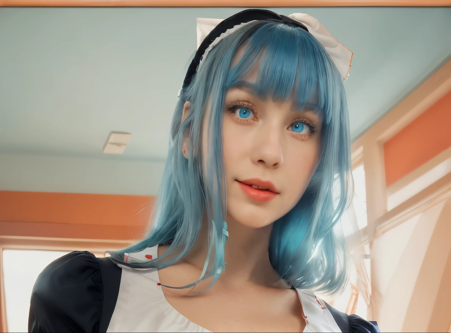 masterpiece,best quality,anime,(2d:1.2),indoors, , 1girl, roswaal mansion maid uniform, solo, maid, cyan blue eyes, short hair,bow hairband, hair between eyes, detached sleeves, looking at viewer, red hairband,ribbon, bangs, looking back, bow, orange hair,red ribbon, black sleeves, window, long sleeves, apron, white bow, frills,ribbon trim,light smile, own hands together,