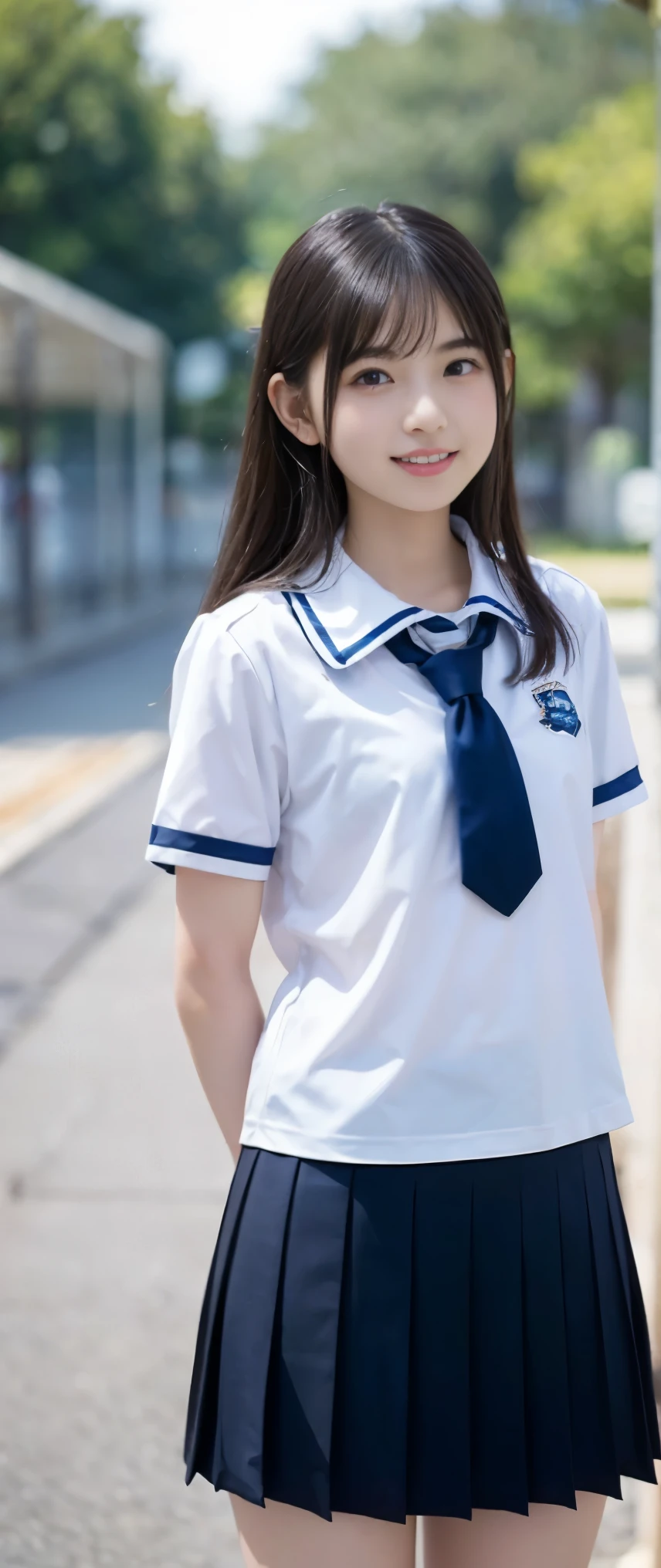 (masterpiece, highest quality:1.2), 8k, 12才のfull nudeの女の子, 85mm,Official AR RAW photo, スーパースリムなスレンダーbeautiful girl, (When I lift up my short navy blue skirt、下Half bodyfull nude、short sleeveの白シャツ、show me your ears、naked girl photoshoot、full nude, cute face, close, Half body, Biolace, gardenia, beautiful girl, school uniform, thighs, short sleeve, stand on the station platform, looking at the viewer, no makeup, (big smile), film grain, chromatic aberration, sharp focus, face light, clear lighting, Ten generations, detailed face, background bokeh, (dark red tie:1.1)、((((((12 year old girl))))))、((((((12才のfull nude女子高生)))))、thin waist