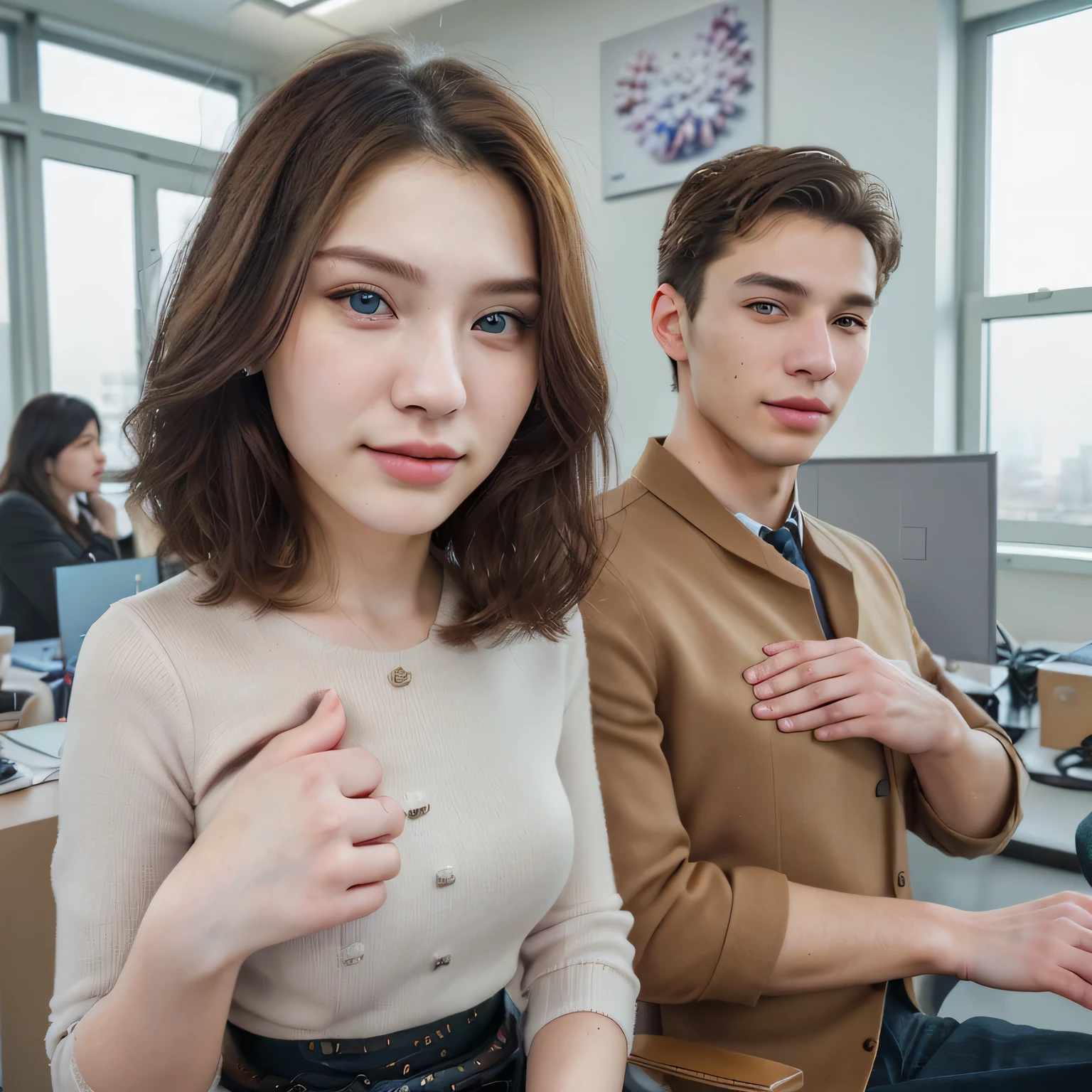 Photorealsitic, 8k full-length portraits, a beautifull and a handsome, woman's and Man's, 22 years old, Gentle expression, TOKYOcty, Winters, office in the background