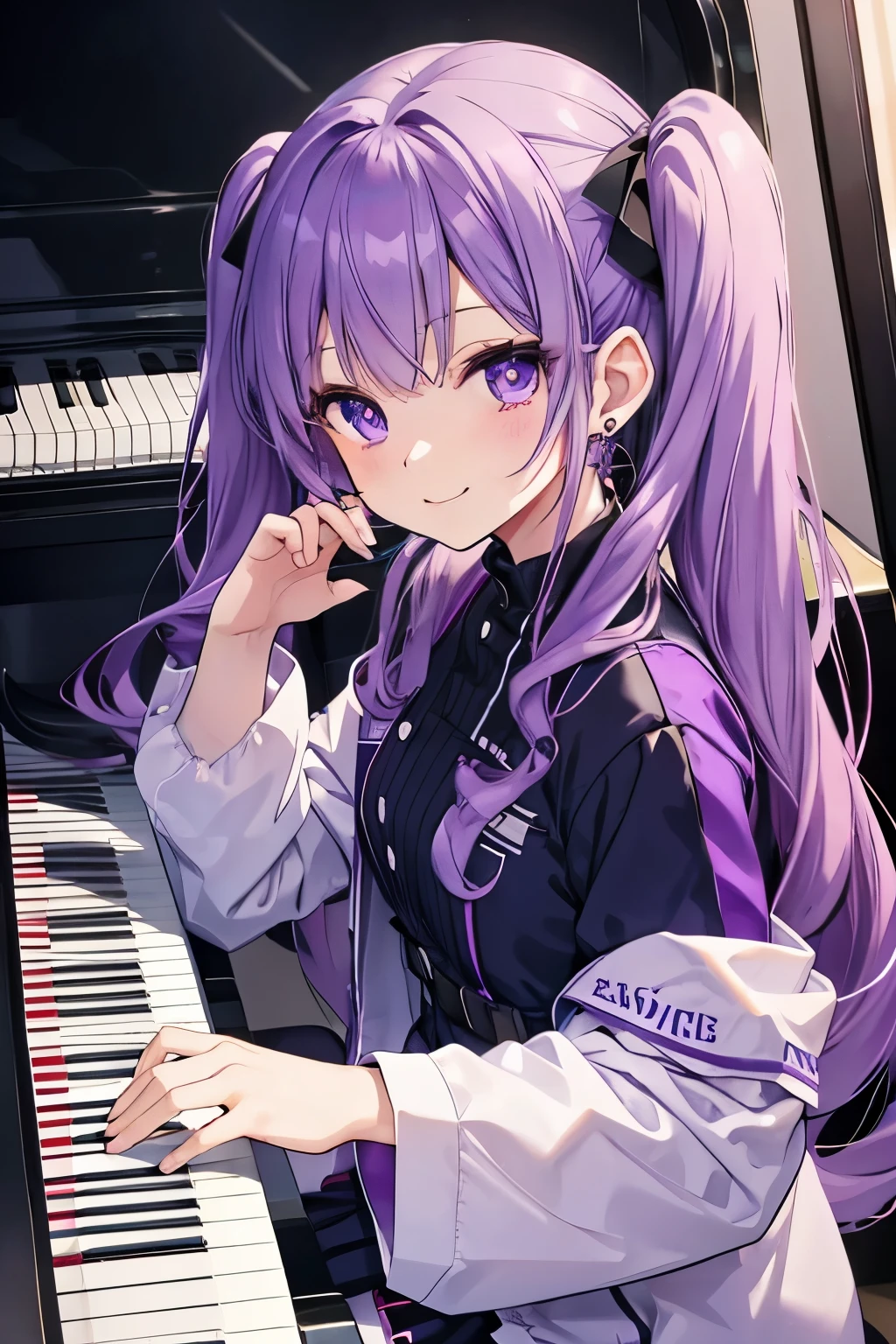 purple hair purple eyes、 girl、small breasts、twin tails、uniform、smile、playing a blue basusic festival、piano🎹、has cute earrings、gal