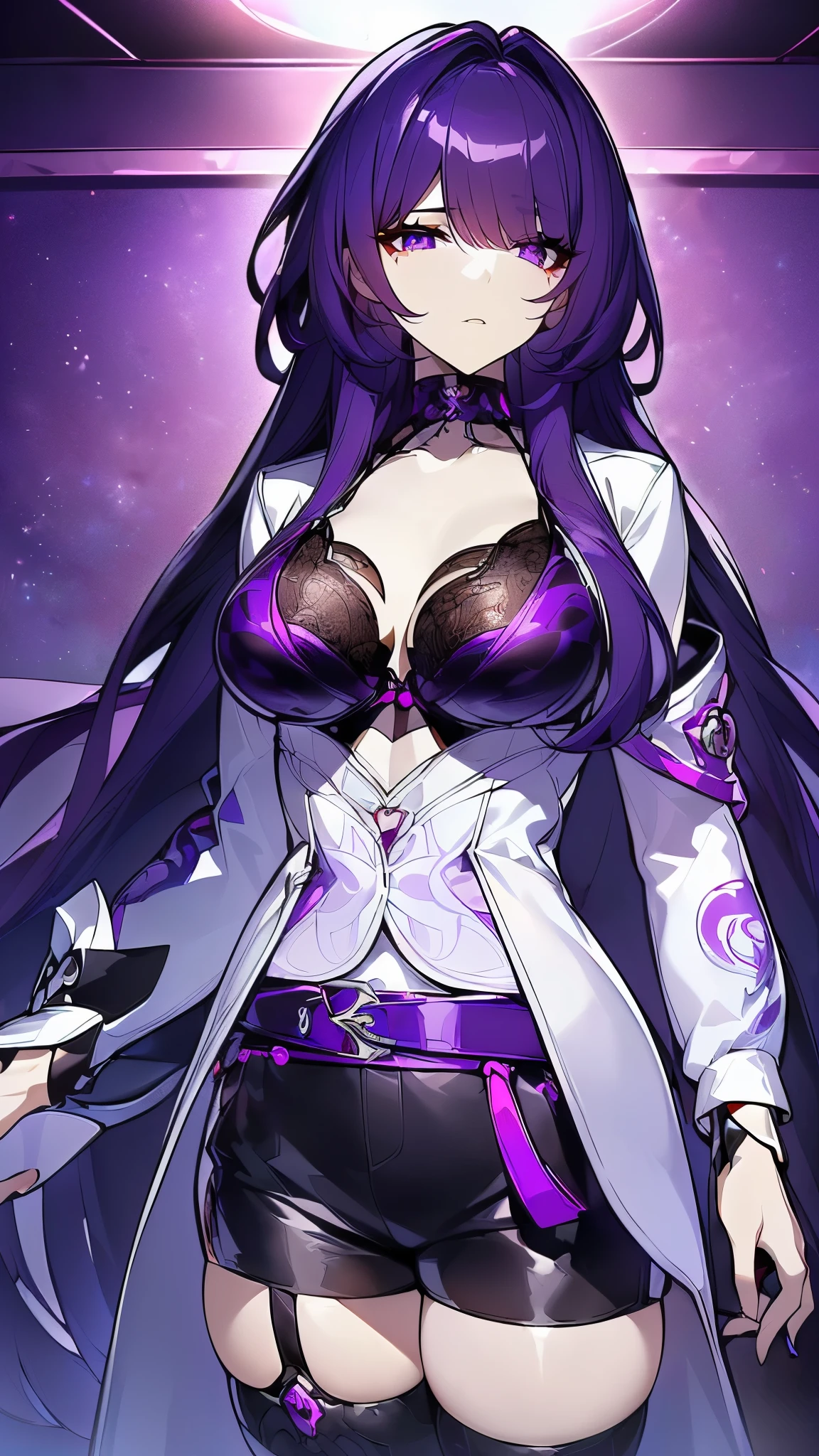 ((8K resolution))、((highest quality))、((masterpiece))、((Super detailed))((((dramatic))), (anatomically correct)、anime style、one person、one personの女性、eight-headed body、((Her left eye is hidden by her hair..., purple eyes)), ((white jacket, Purple pattern)), black leather shorts and bra, (white stripe), dark purple hair、(theme、whole body)