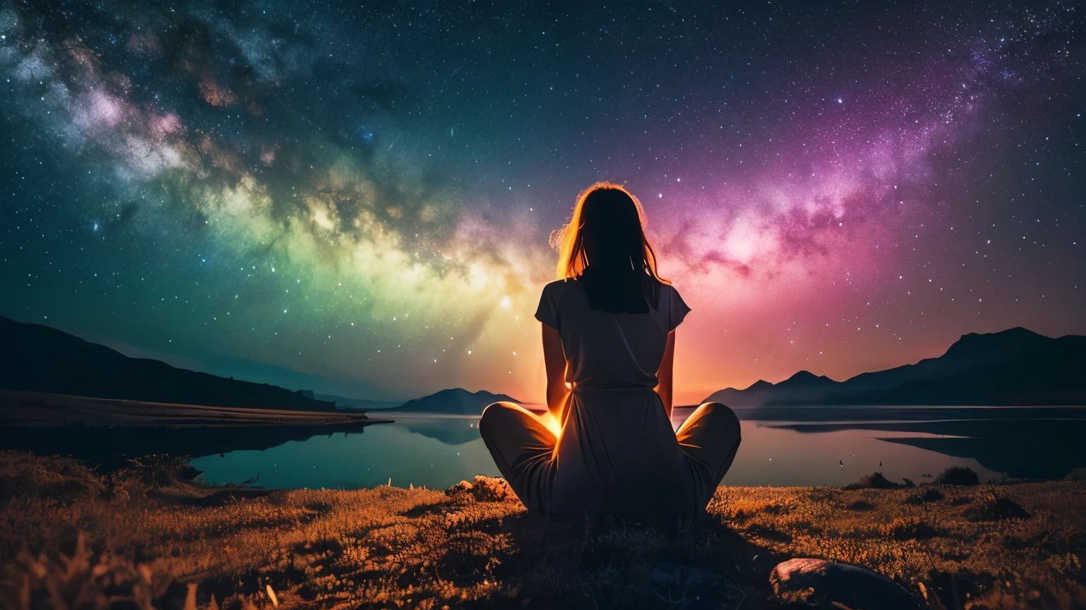 Create a visionary image set in the cosmos that evokes a sense of spiritual harmony and healing for the viewer. Depict a scene in the vast expanse of outer space that feels imbued with a deep connection between the inner self and the outer universe. The visuals should convey a serene, tranquil spiritual energy.
The composition should inspire the viewer to feel a positive, uplifting sense of self-reflection - as if being immersed in this cosmic scenery allows one to ponder their way of being while feeling empowered to move forward with an optimistic outlook on life's journey. The colors, celestial elements, and overall aesthetic should reinforce themes of inner peace, having an enlightened perspective, and existing in sacred unity with the cosmos.
Some potential details to consider including:
A serene, breathtaking view from deep space looking back towards the Earth or another celestial body like a nebula or galaxy
Vibrant cosmic clouds, stars, planets rendered in hyper-realistic detail
Spiritual imagery subtly integrated like a human silhouette surrounded by energy/aura or a tree of life among the stars
Warm, radiant cosmic lighting effects like solar flares or pulses of energy
Colors could range from rich, luminous blues/purples to vivid pinks/oranges reminiscent of heavenly sunrises/sunsets
An overall dreamy, awe-inspiring, fractal-like geometry suggesting the infinite wonder of the universe
The scene should capture the viewer's imagination and fill them with a humbling sense of spiritual transcendence, while providing an almost meditative focus that sparks curiosity about one's place in the greater cosmos. But ultimately, it should leave the viewer feeling empowered, grounded, and inspired to embrace their own journey through life with renewed purpose.
