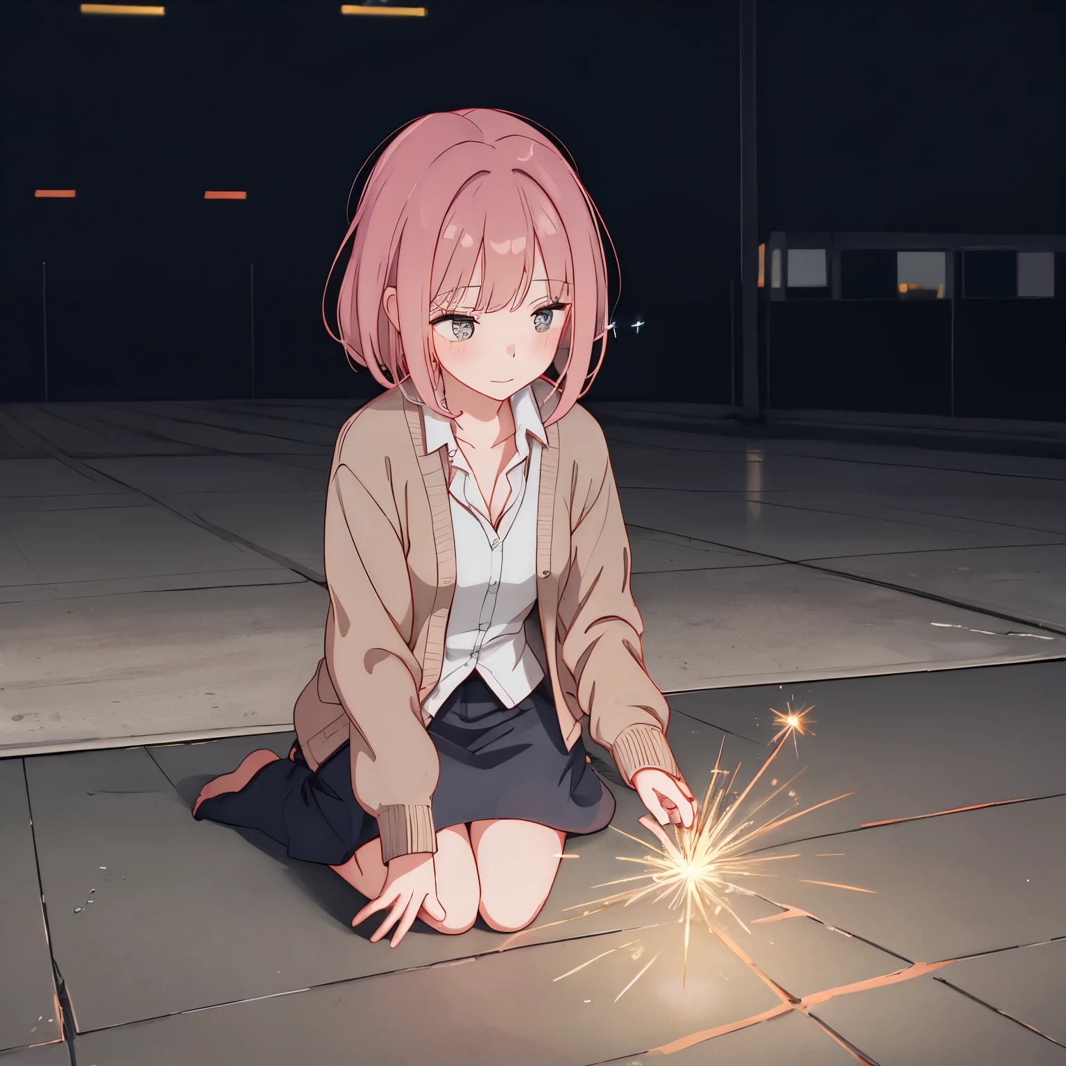Girl playing with sparklers,On an empty concrete floor,Wear a cardigan
