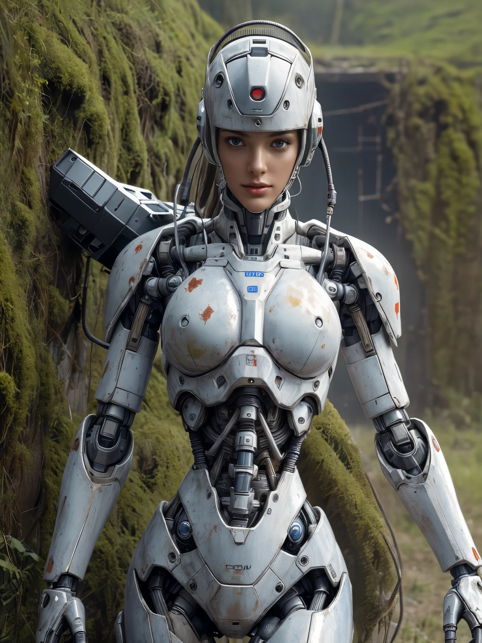 ((masterpiece, highest quality, Highest image quality, High resolution, photorealistic, Raw photo, 8K)), Abandoned robot soldier on battlefield, broken and immobile, rust and moss showing passage of time, female cyborg body, female body, biomechanical , extra detailed body, blowjob white mech, white biomechanical details, detailed body, shiny white armor, cybernetic body, eva unit-00 on back, full body details, 