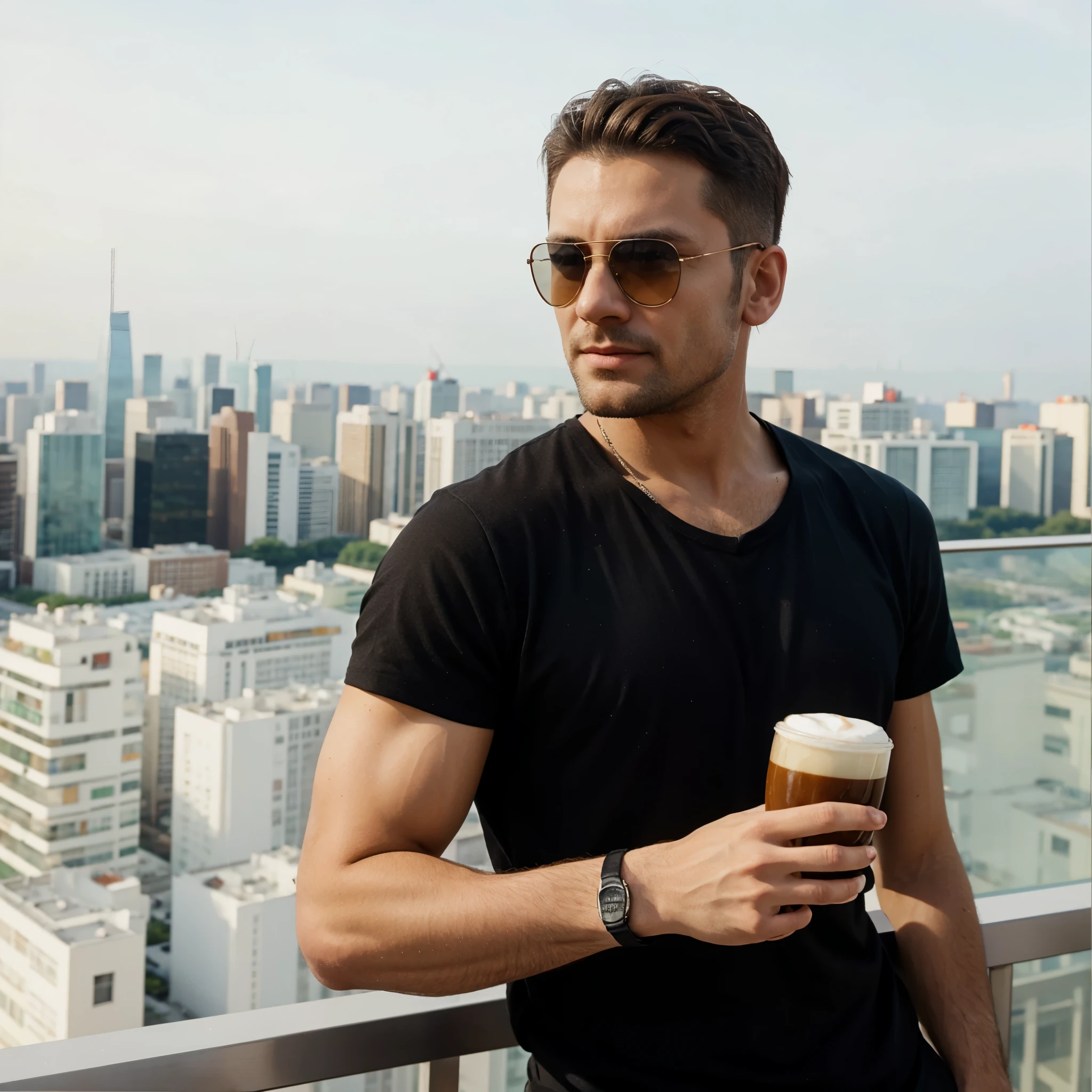 Man in sunglasses, with a glass of coffee in hand. standing on the balcony, against the backdrop of Moscow City. hyperrealism 