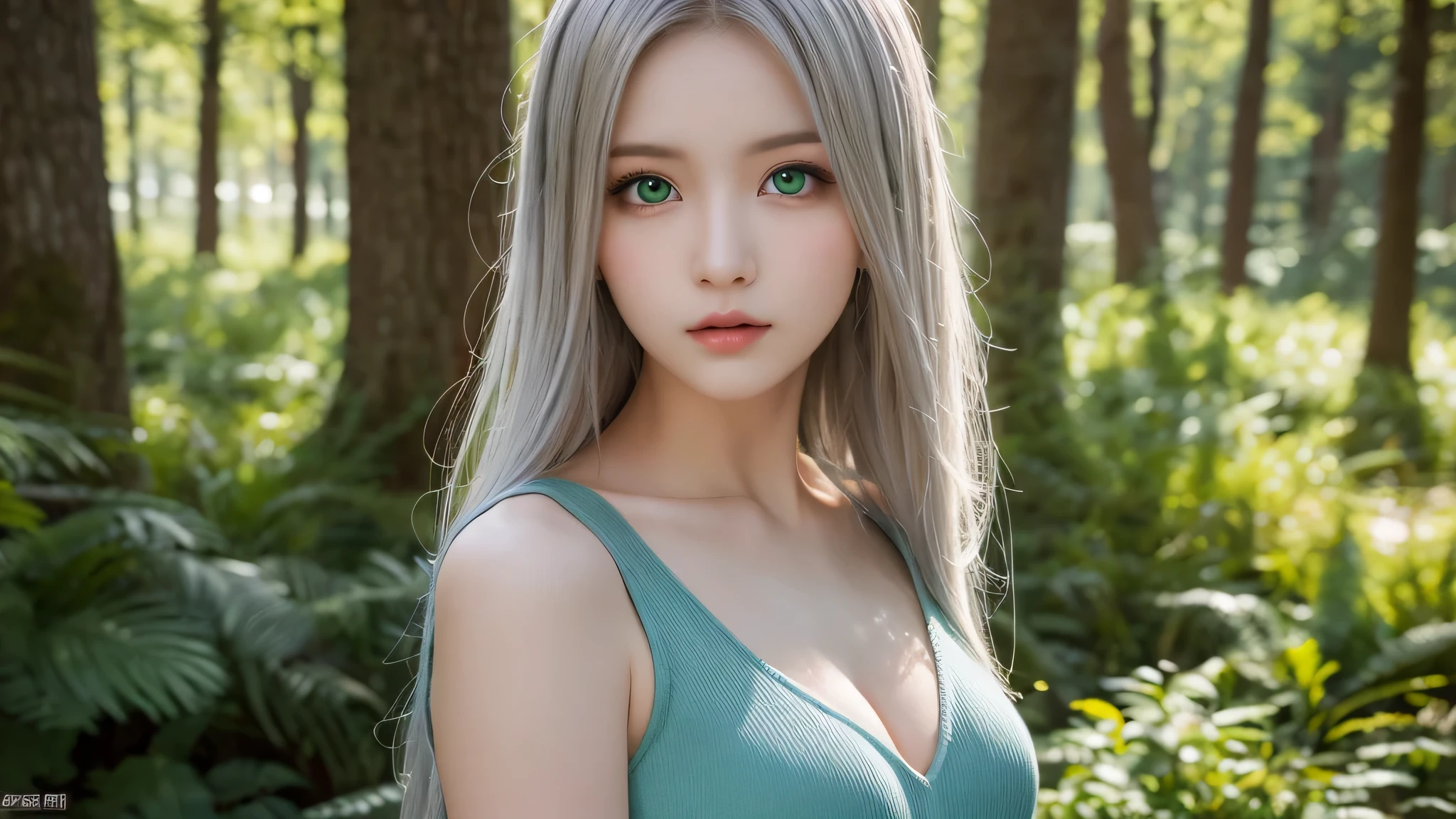 ((alone)),(masterpiece,highest quality,High resolution,realistic, photo realistic), cosplay,goblin, High resolution, plump lips, emerald green eyes,chest,silver hair, lightly dressed,short dress,thin,Upper body,forest,blue sky,looking at camera,sexy pose