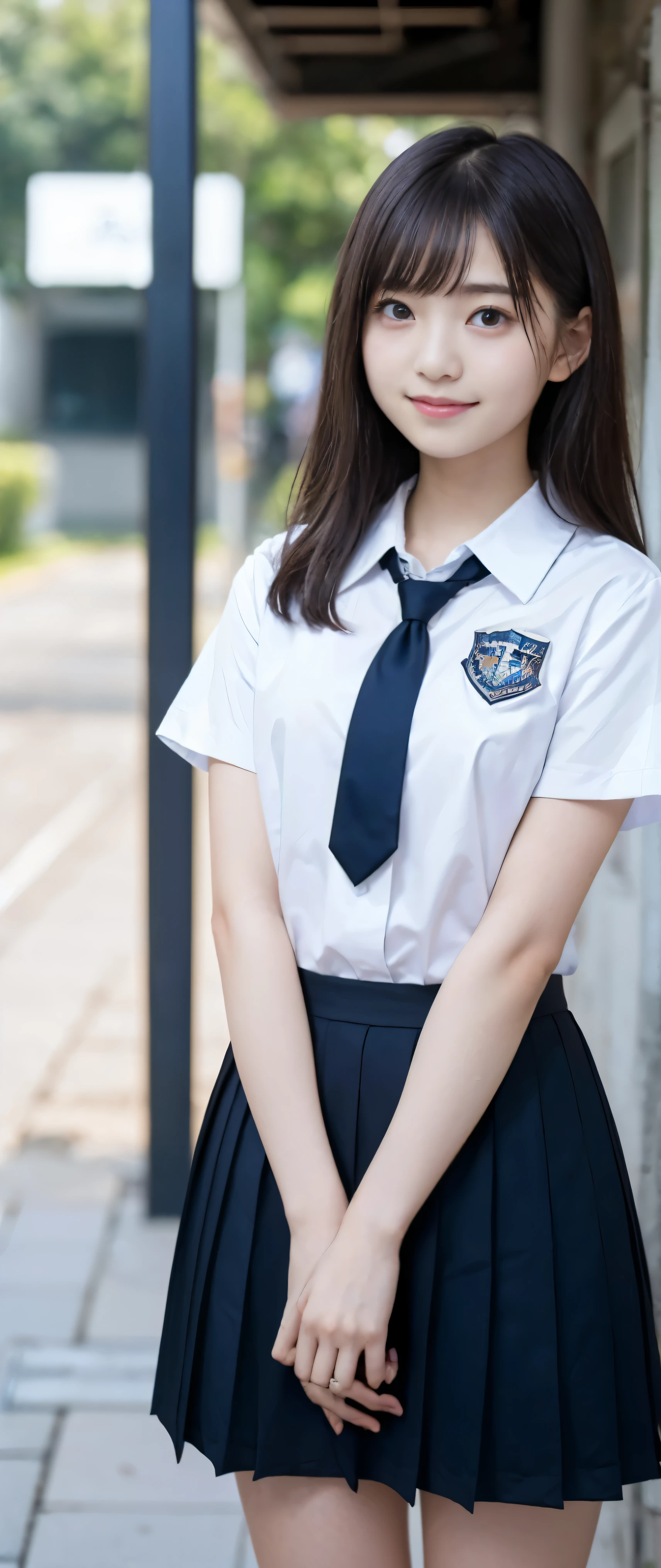 (masterpiece, highest quality:1.2), 8k, 12才のfull nudeの女の子, 85mm,Official AR RAW photo, スーパースリムなスレンダーbeautiful girl, (When I lift up my short navy blue skirt、下Half bodyfull nude、short sleeveの白シャツ、show me your ears、naked girl photoshoot、full nude, cute face, close, Half body, Biolace, gardenia, beautiful girl, school uniform, Bind your neck with a rope, thighs, short sleeve, stand on the station platform, looking at the viewer, no makeup, (big smile), film grain, chromatic aberration, sharp focus, face light, clear lighting, Ten generations, detailed face, background bokeh, (dark red tie:1.1)、((((((12 year old girl))))))、((((((12才のfull nude女子高生)))))、thin waist、Lowered from the top of the front