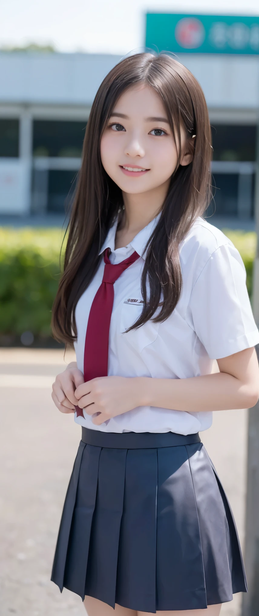 (masterpiece, highest quality:1.2), 8k, 12才のfull nudeの女の子, 85mm,Official AR RAW photo, スーパースリムなスレンダーbeautiful girl, (When I lift up my short navy blue skirt、下Half bodyfull nude、short sleeveの白シャツ、show me your ears、naked girl photoshoot、full nude, cute face, close, Half body, Biolace, gardenia, beautiful girl, school uniform,  Bind your neck with a rope, thighs, short sleeve, stand on the station platform, looking at the viewer, no makeup, (big smile), film grain, chromatic aberration, sharp focus, face light, clear lighting, Ten generations, detailed face, background bokeh, (dark red tie:1.1)、((((((12 year old girl))))))、((((((12才のfull nude女子高生)))))、thin waist、Lowered from the top of the front