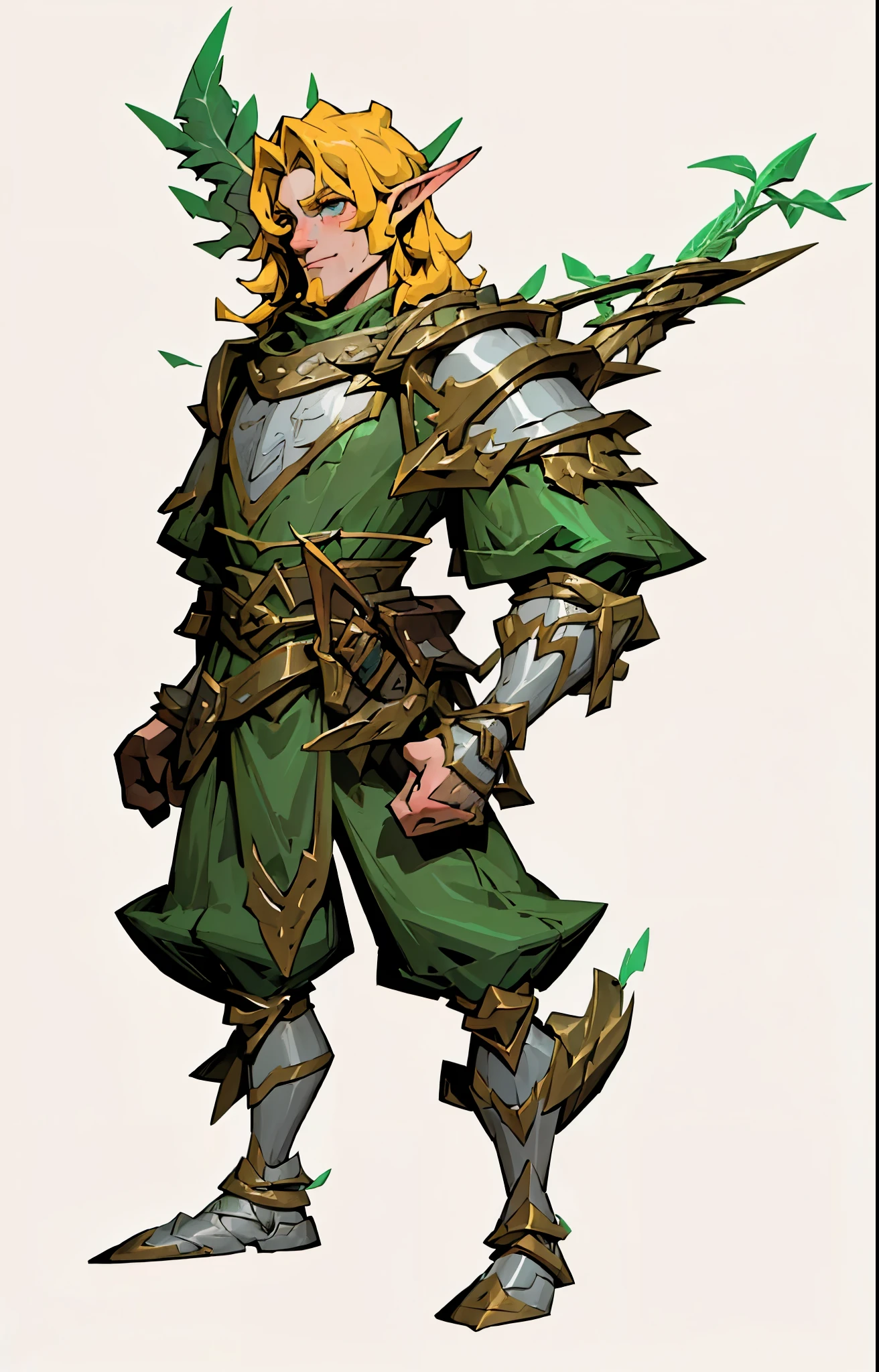 Cartoon image of a man holding a bow and arrow, male elf ranger, Male Wood Elf Rogue, whole body concept, Cosplay portrait full body, hero character art, character artwork, Full body RPG portrait, Male blond elf ranger, d & d style full body portrait, Male hooligans, Detailed character art, rpg character, full body character concept，no beard，European and American cartoons，less characterization，flat