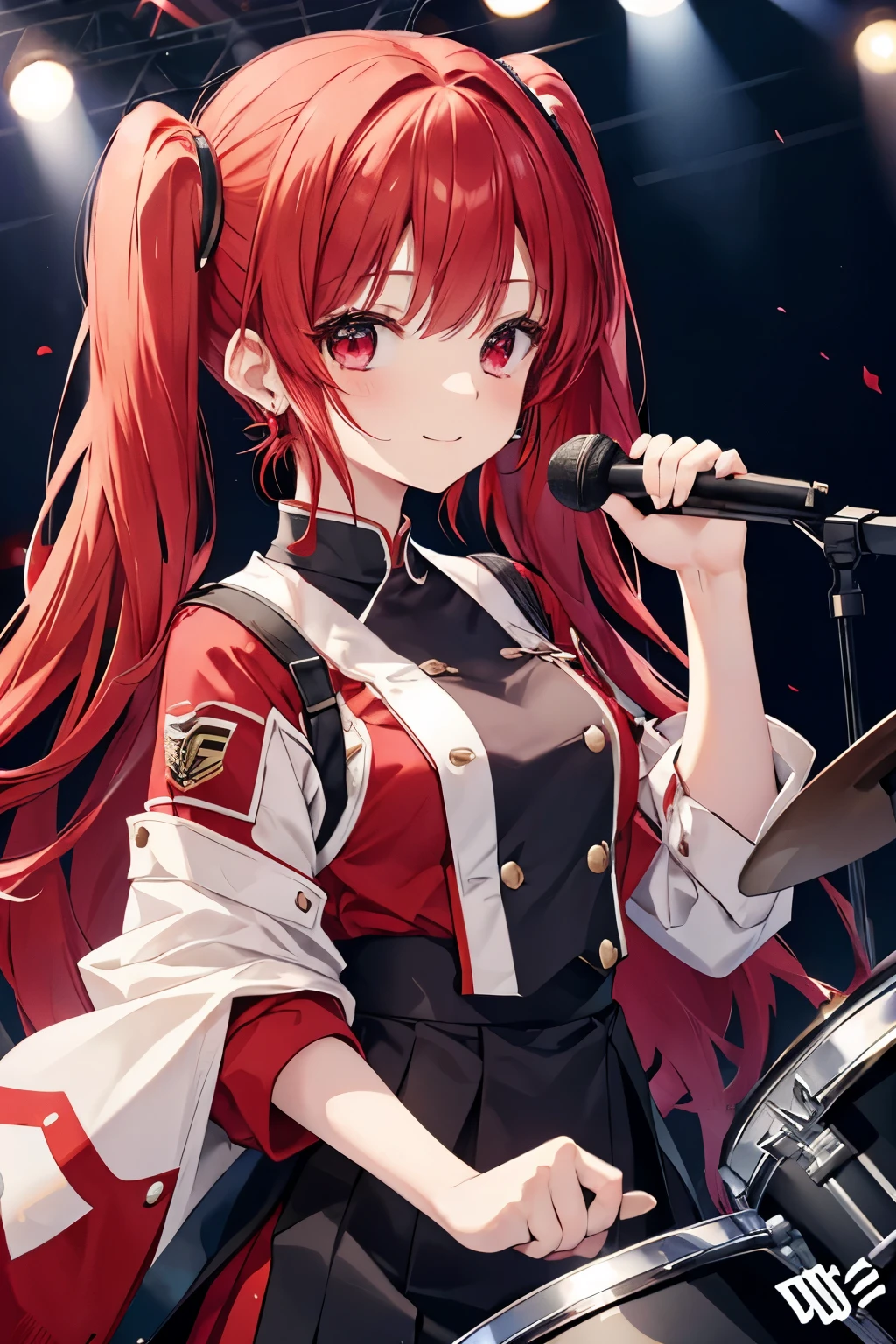 red hair red eyes、 girl、small breasts、twin tails、uniform、smile、music festival、playing the drums🥁、has cute earrings、gal