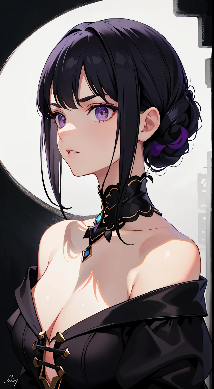 (Masterpiece, Best quality, Ultra-detailed, Best shadow), (Detailed background,Dark fantasy), (Beautiful detailed face),  (Off-the-shoulder attire), Colorful, Hyper-detailing，White color hair，daggers，scowling，frenzied，big laughter，Medieval Street, 1 girl, Solo,whaite hair, sharpy face,short detailed hair,Purple eyes, Bare neck，little breast