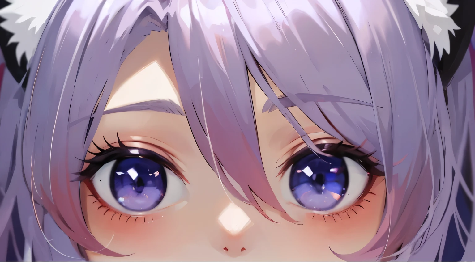 Very cute anime girl with purple hair and fox ears and purple eyes, detailed anime soft face, lavender eyes, semirealistic anime style, detailed anime eyes with pupils, kawaii realistic portrait, detailed anime face, realistic anime artstyle, clean detailed anime style, eyes = purple, cute anime face, huge anime eyes, made with anime painter studio, anime style. 8k, violet eyes