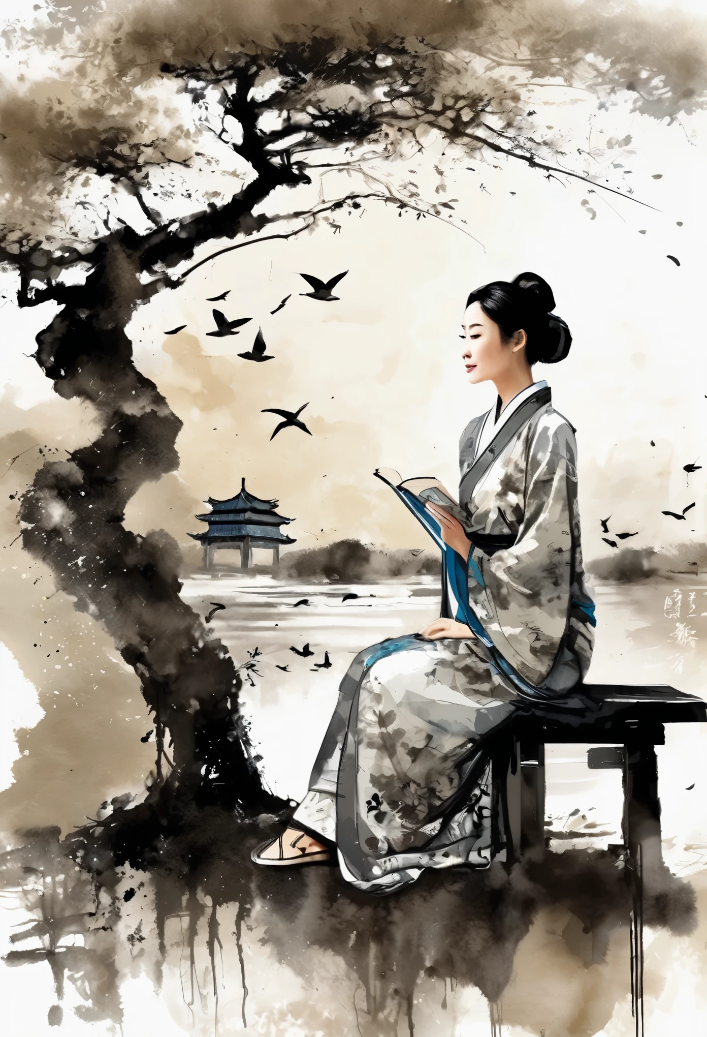 masterpiece, best quailty, perfect face, a woman sitting under the tree, read a book,chinese scene, ink splash, ink texture, ink painting，